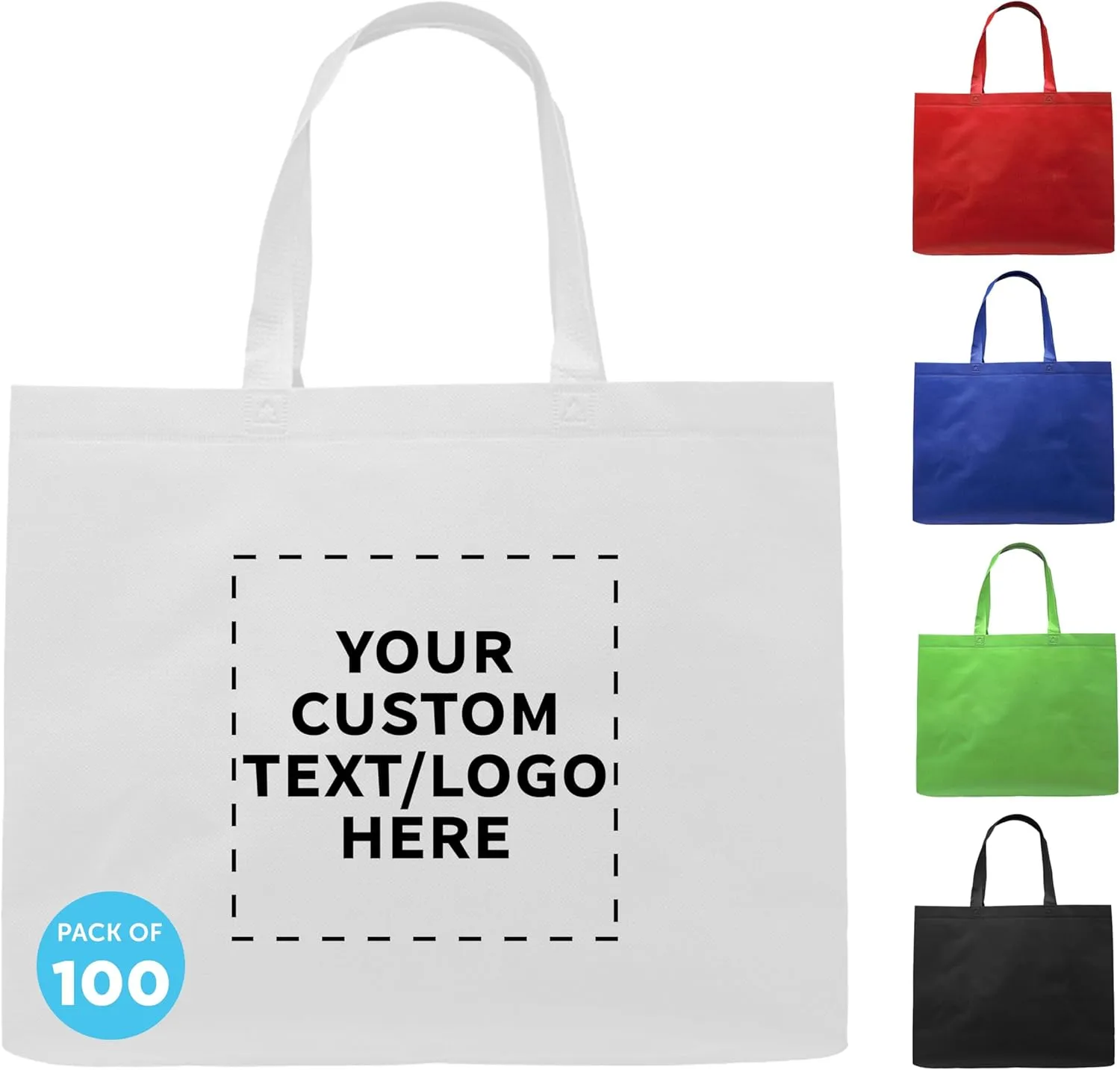 DISCOUNT PROMOS Custom Jumbo Sized Tote Bags Set of 100, Personalized Bulk Pack - Reusable Grocery Bags, Shopping Bags, Promotional Item Totes for Women - White