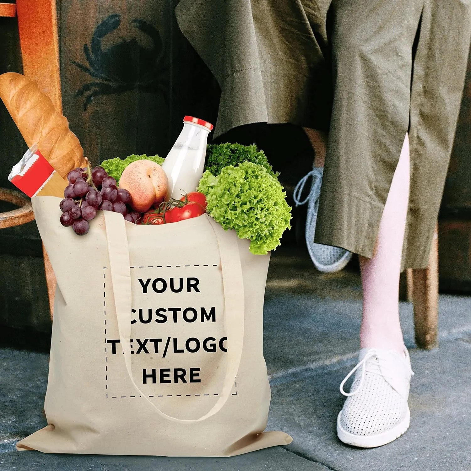 DISCOUNT PROMOS Custom Natural Cotton Fiber Tote Bags (Set of 10) - Personalized, Reusable & Eco-Friendly - Perfect for Grocery, Promotions, Branding - Natural Color, 14.5"X16", 5 OZ Cotton