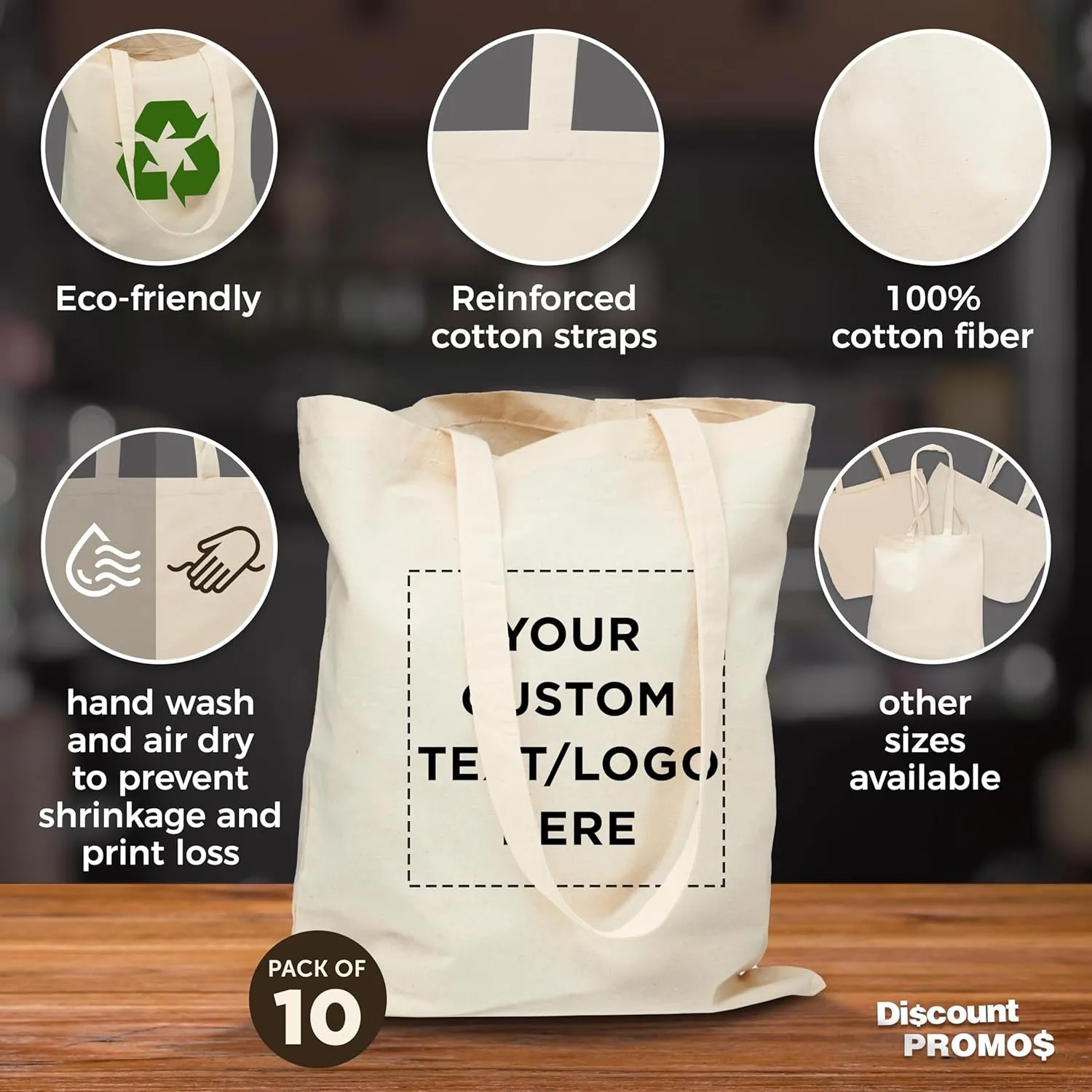 DISCOUNT PROMOS Custom Natural Cotton Fiber Tote Bags (Set of 10) - Personalized, Reusable & Eco-Friendly - Perfect for Grocery, Promotions, Branding - Natural Color, 14.5"X16", 5 OZ Cotton