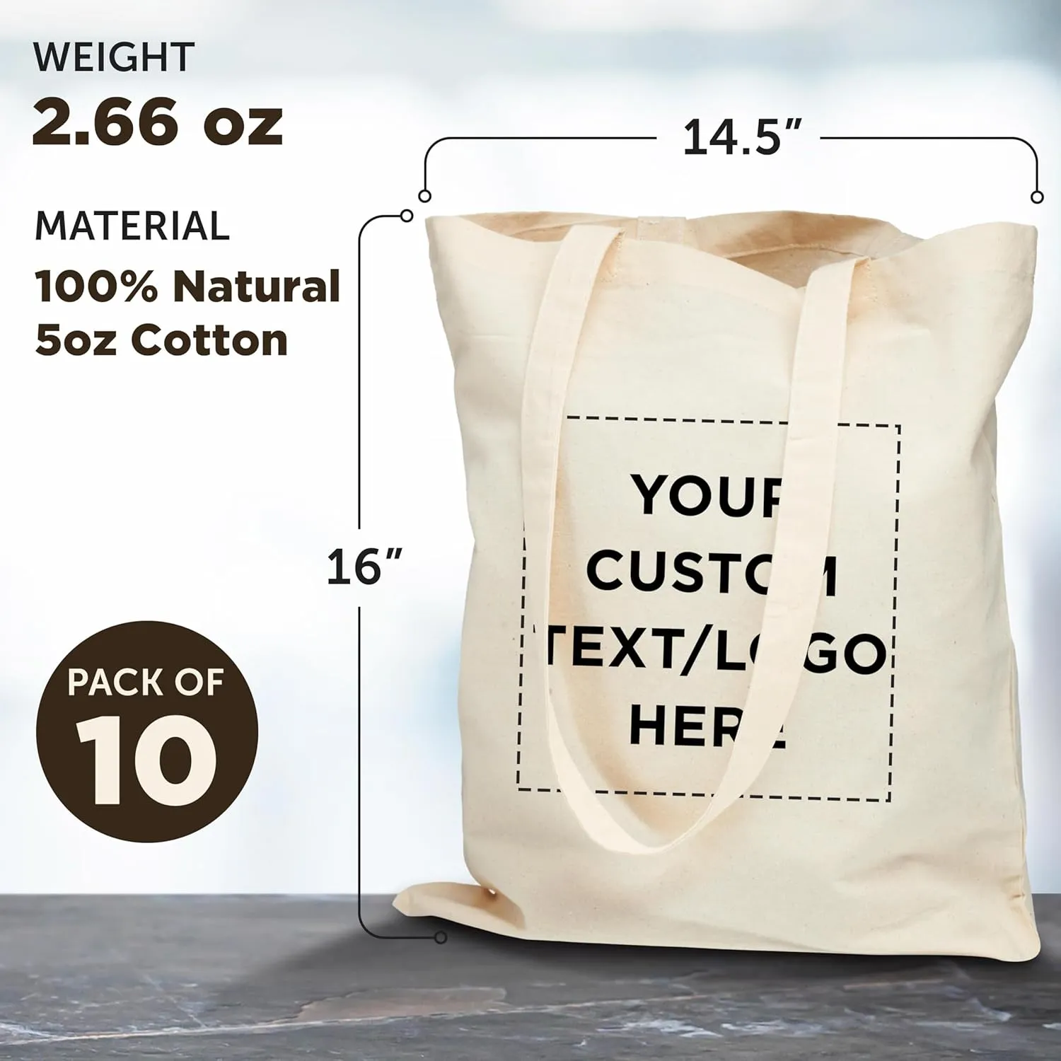 DISCOUNT PROMOS Custom Natural Cotton Fiber Tote Bags (Set of 10) - Personalized, Reusable & Eco-Friendly - Perfect for Grocery, Promotions, Branding - Natural Color, 14.5"X16", 5 OZ Cotton