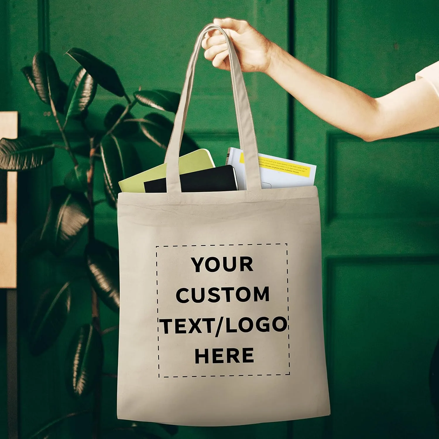 DISCOUNT PROMOS Custom Natural Cotton Fiber Tote Bags (Set of 10) - Personalized, Reusable & Eco-Friendly - Perfect for Grocery, Promotions, Branding - Natural Color, 14.5"X16", 5 OZ Cotton