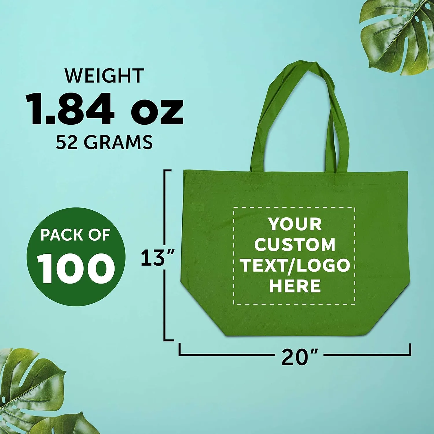 DISCOUNT PROMOS Custom Southern Style Grocery Tote Bags Set of 100 - Personalized Bulk Pack, Reusable Grocery & Shopping Bags - Great for Travel, Business Promotions - Lime Green - 20"X13"X8"