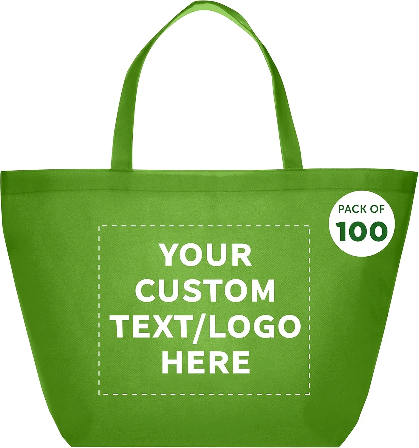 DISCOUNT PROMOS Custom Southern Style Grocery Tote Bags Set of 100 - Personalized Bulk Pack, Reusable Grocery & Shopping Bags - Great for Travel, Business Promotions - Lime Green - 20"X13"X8"