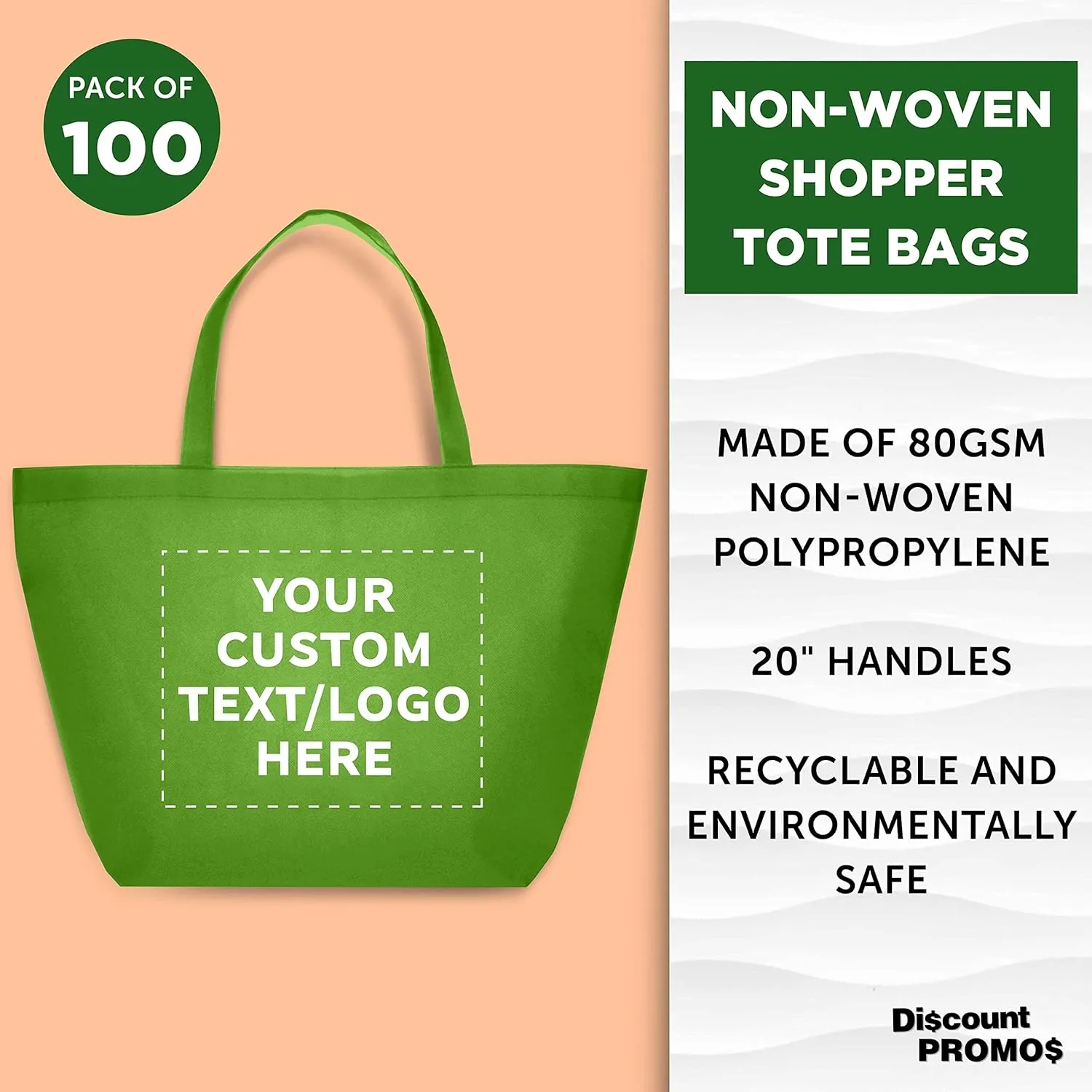 DISCOUNT PROMOS Custom Southern Style Grocery Tote Bags Set of 100 - Personalized Bulk Pack, Reusable Grocery & Shopping Bags - Great for Travel, Business Promotions - Lime Green - 20"X13"X8"