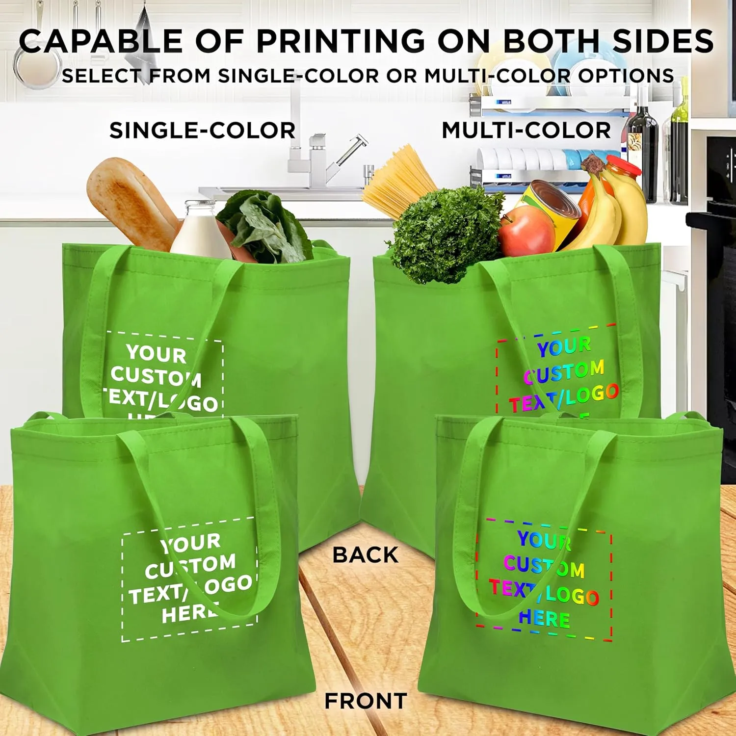 DISCOUNT PROMOS Custom Southern Style Grocery Tote Bags Set of 100 - Personalized Bulk Pack, Reusable Grocery & Shopping Bags - Great for Travel, Business Promotions - Lime Green - 20"X13"X8"