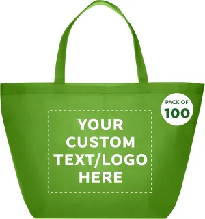 DISCOUNT PROMOS Custom Southern Style Grocery Tote Bags Set of 100 - Personalized Bulk Pack, Reusable Grocery & Shopping Bags - Great for Travel, Business Promotions - Lime Green - 20"X13"X8"