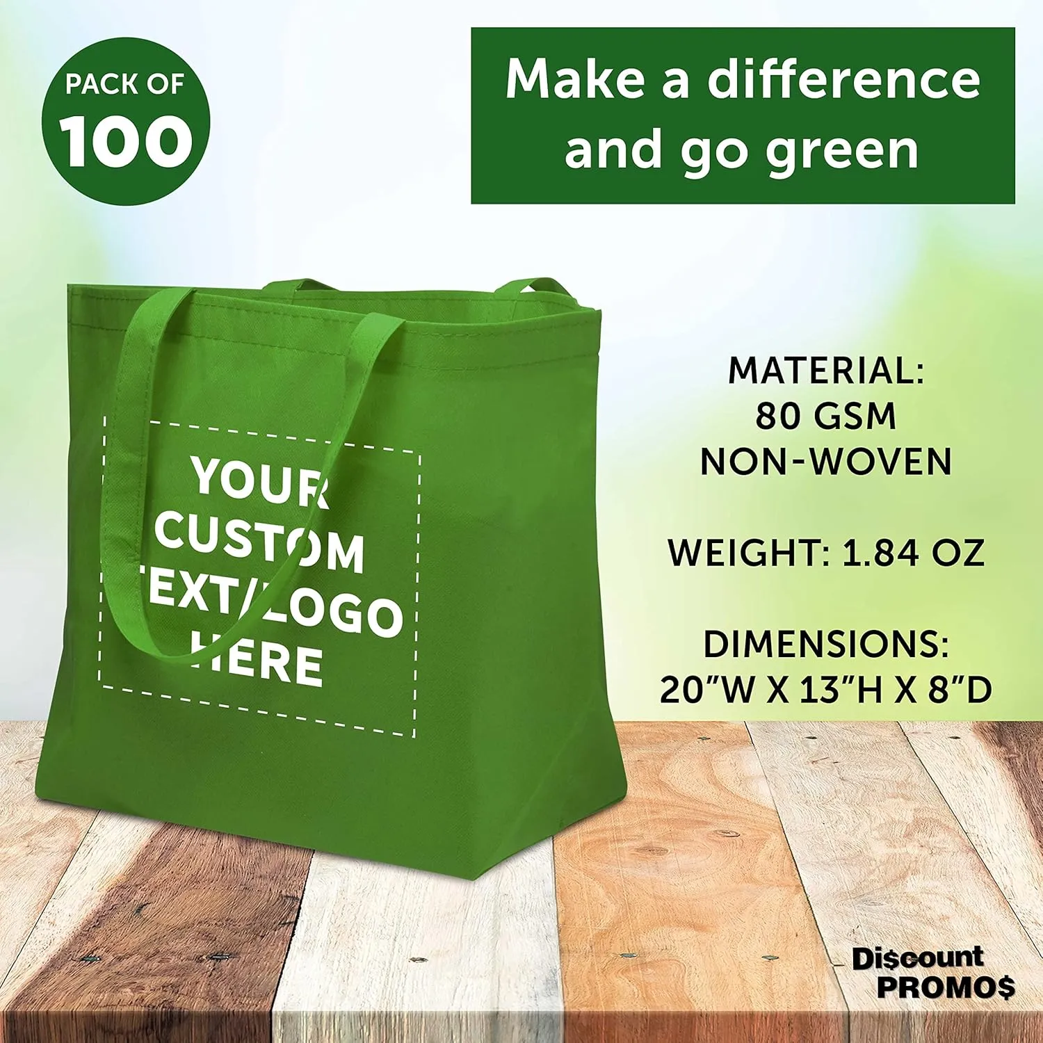 DISCOUNT PROMOS Custom Southern Style Grocery Tote Bags Set of 100 - Personalized Bulk Pack, Reusable Grocery & Shopping Bags - Great for Travel, Business Promotions - Lime Green - 20"X13"X8"