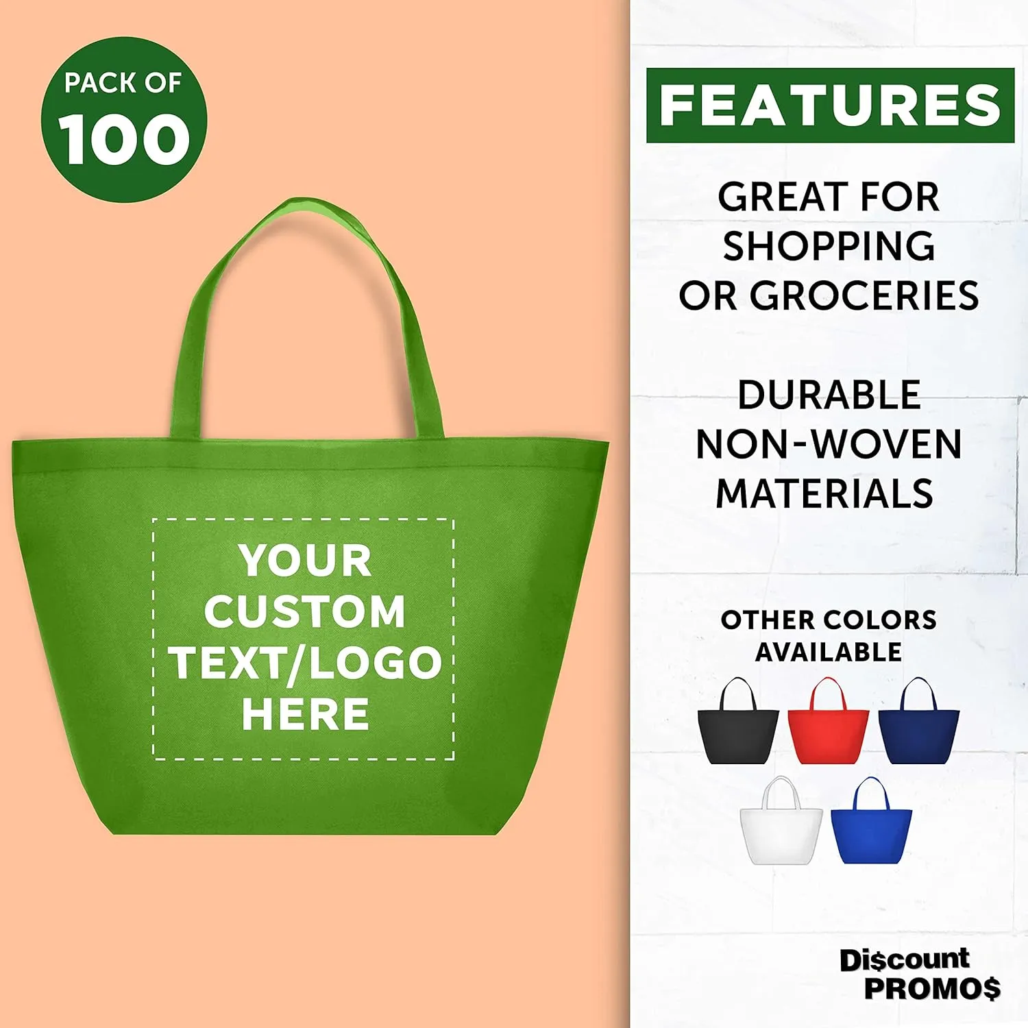 DISCOUNT PROMOS Custom Southern Style Grocery Tote Bags Set of 100 - Personalized Bulk Pack, Reusable Grocery & Shopping Bags - Great for Travel, Business Promotions - Lime Green - 20"X13"X8"