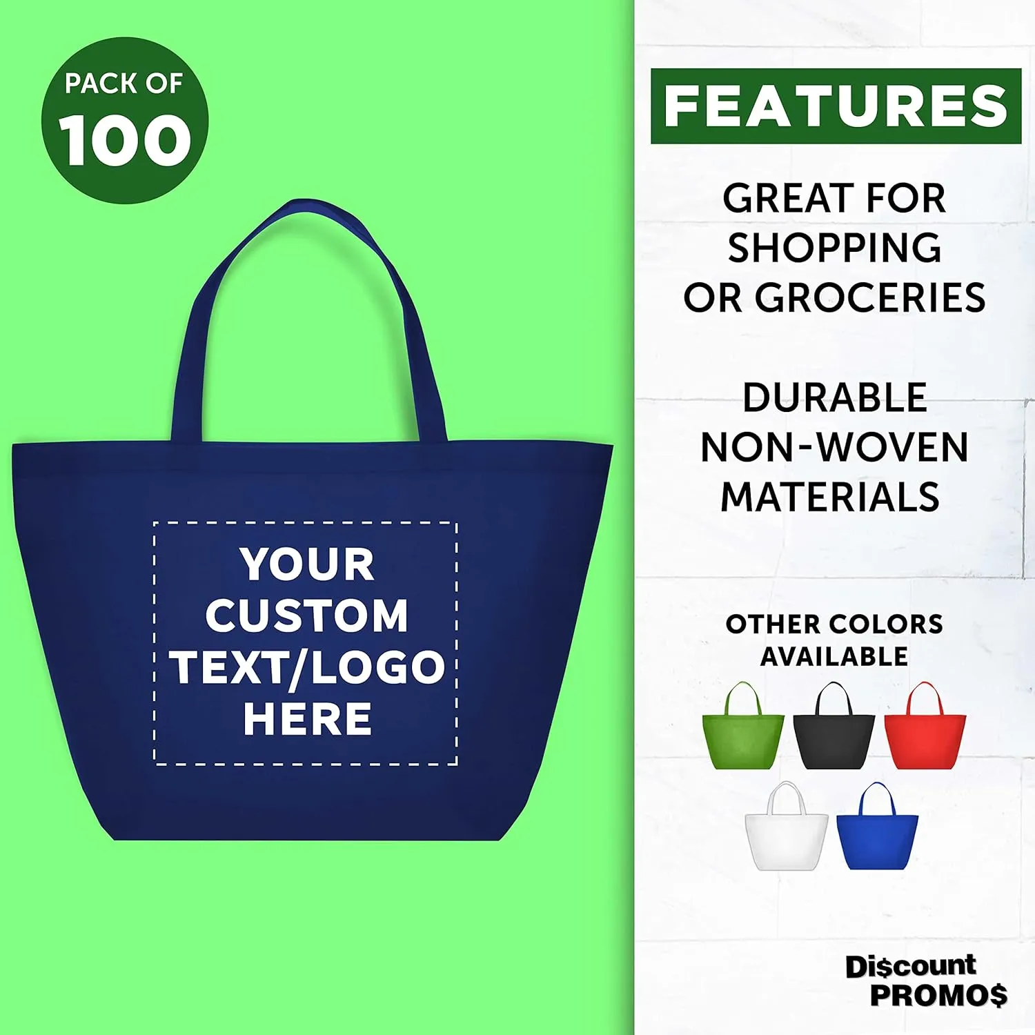 DISCOUNT PROMOS Custom Southern Style Grocery Tote Bags Set of 100 - Personalized Bulk Pack, Reusable Grocery & Shopping Bags - Great for Travel, Business Promotions - Navy Blue - 20"X13"X8"