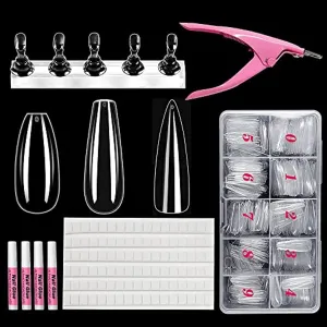 DIY Press on Nail Making Kit Full Cover Long Ballerina Stiletto Short Coffin Nail Tips with 1 Set Magnetic Nail Holder 4PCS Nail Glues 1PC Nail Tip Cutter Clipper 102PCS Reusable Adhesive Putty