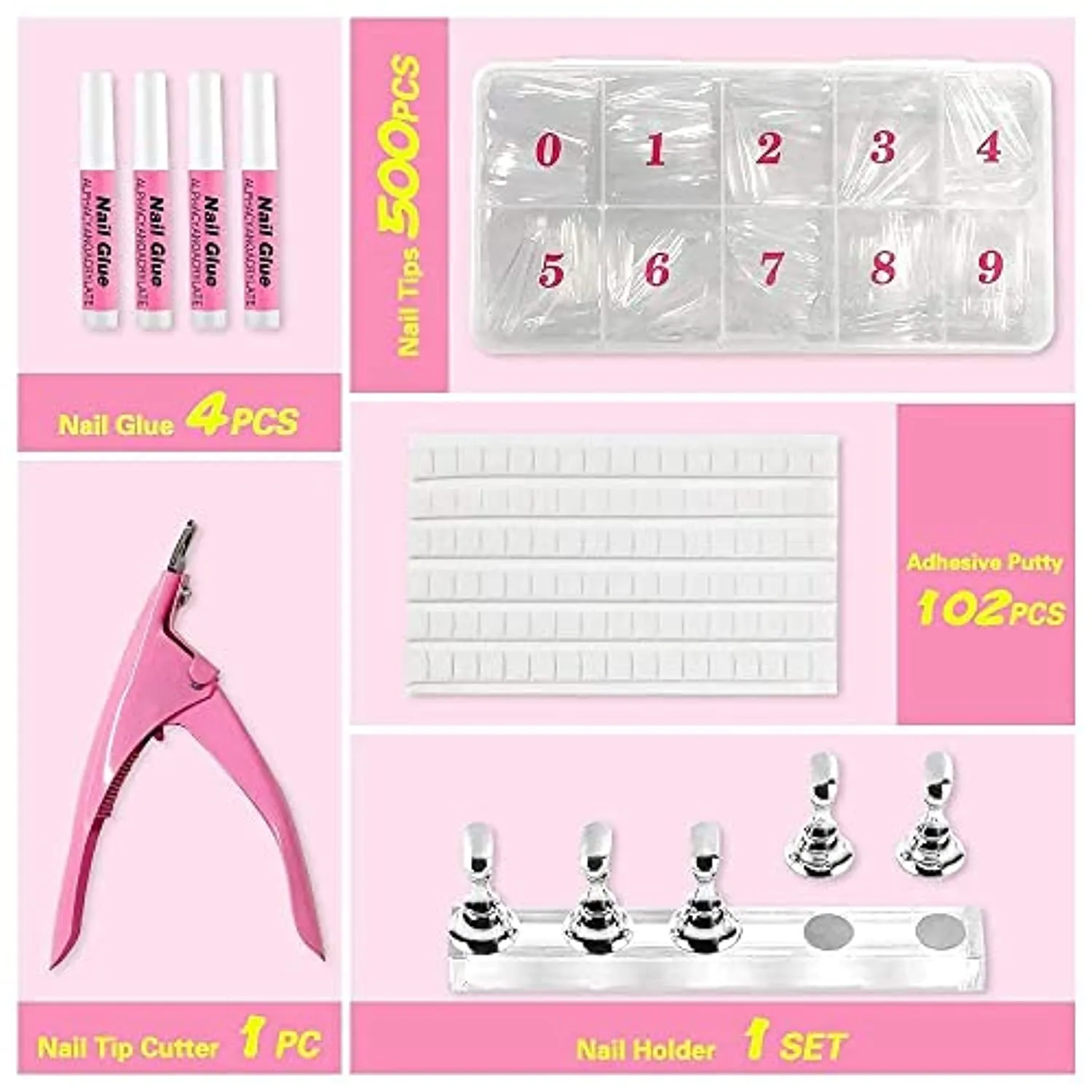 DIY Press on Nail Making Kit Full Cover Long Ballerina Stiletto Short Coffin Nail Tips with 1 Set Magnetic Nail Holder 4PCS Nail Glues 1PC Nail Tip Cutter Clipper 102PCS Reusable Adhesive Putty