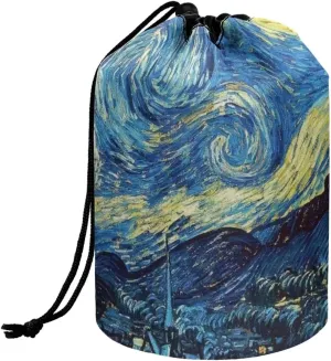 doginthehole Blue Night Sky Makeup Bags Portable Drawstring Travel Cosmetic Bags for Women Girl Starry Sky Print Barrel Foldable Cosmetic Organizer Multifunctional Toiletry Bucket Bags