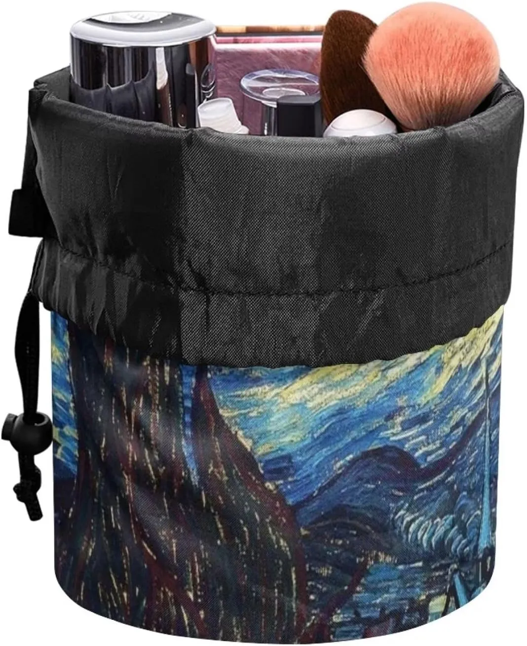 doginthehole Blue Night Sky Makeup Bags Portable Drawstring Travel Cosmetic Bags for Women Girl Starry Sky Print Barrel Foldable Cosmetic Organizer Multifunctional Toiletry Bucket Bags