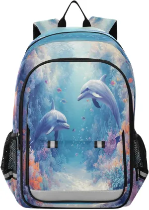 Dolphins Coral Reefs Fish Multi Compartment Student Backpack Reflective Stripes Travel Bag Casual Daypack School Bags for Boys Girls
