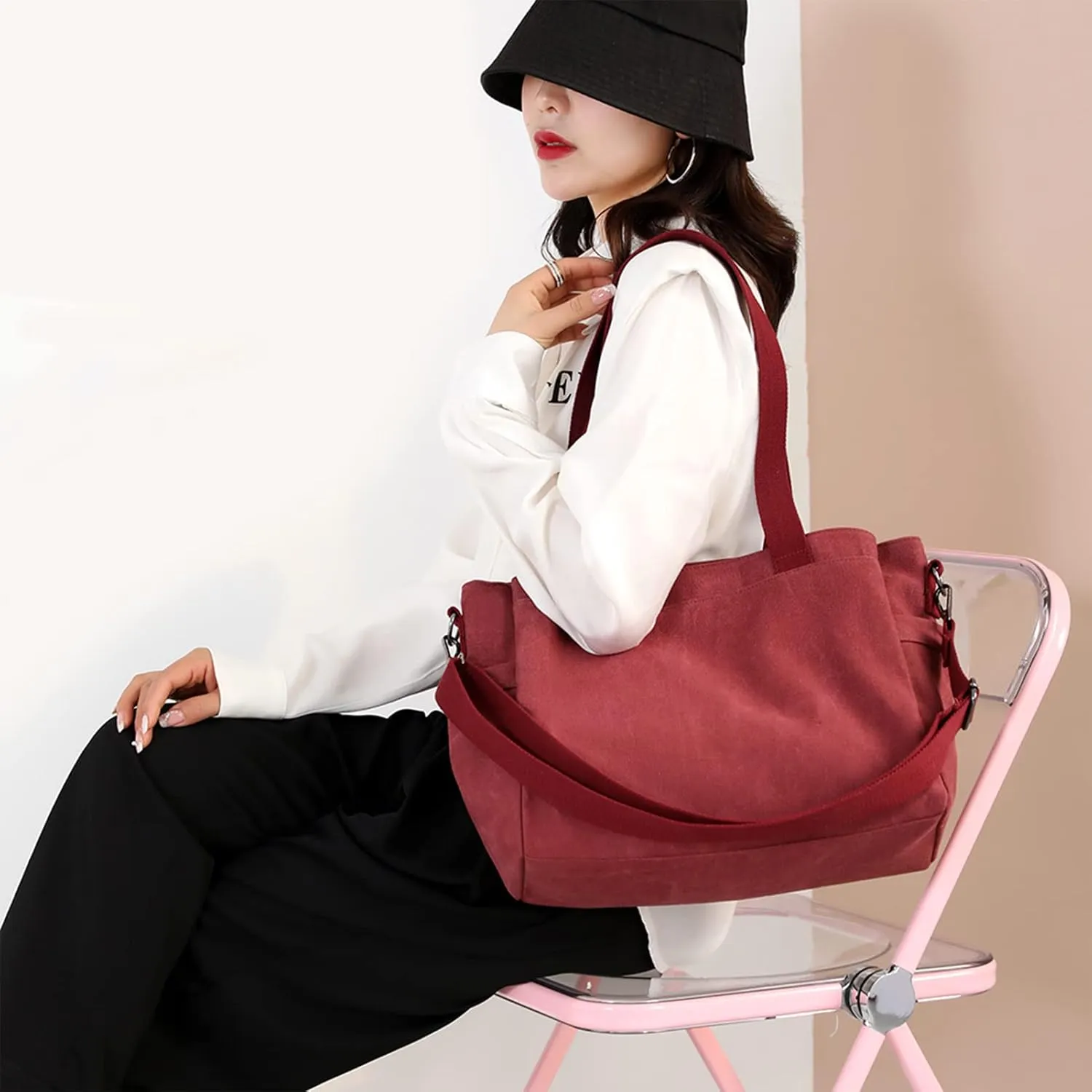 DOURR Hobo Handbags Canvas Crossbody Bags for Women, Multi Compartment Large Tote Purse for Work Travel