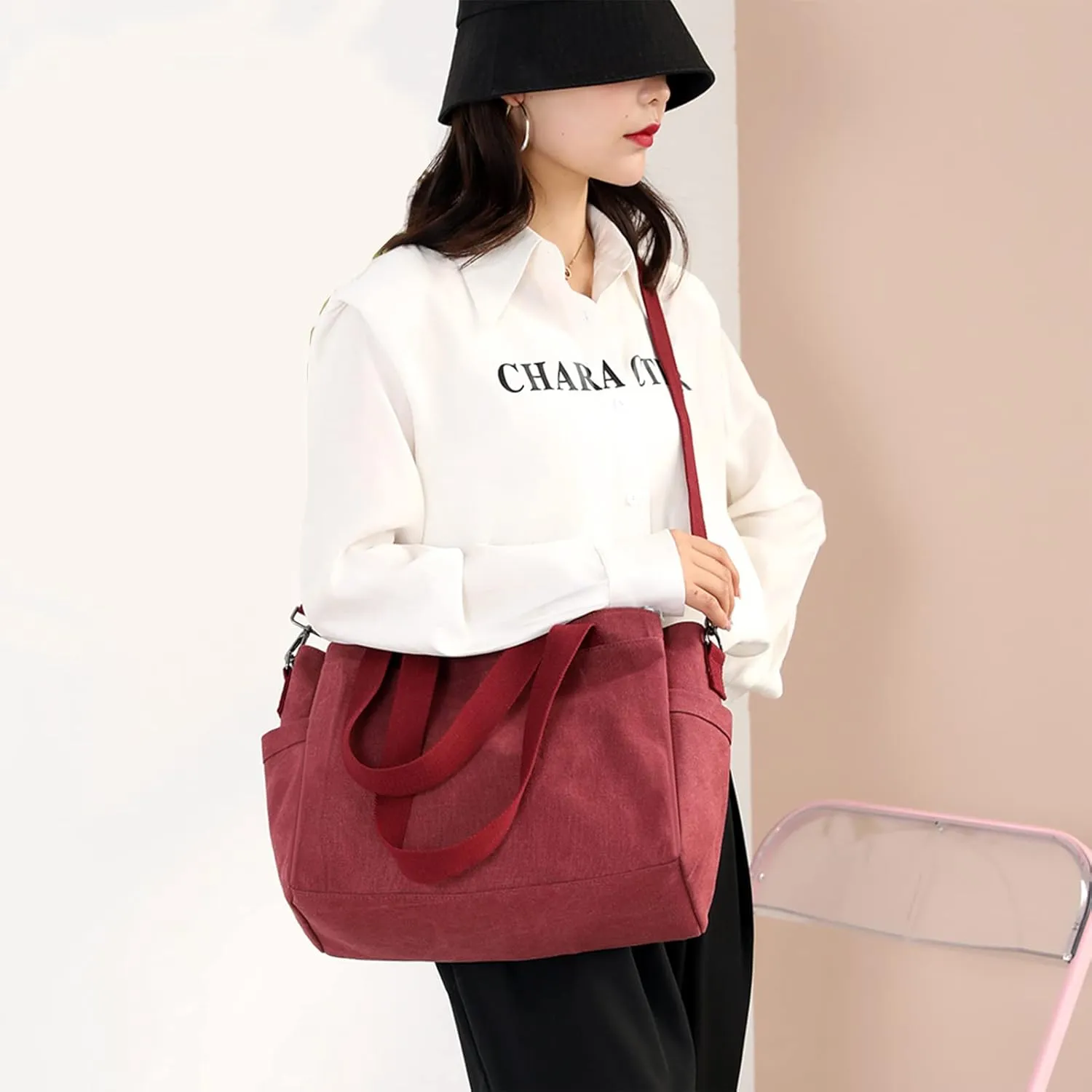 DOURR Hobo Handbags Canvas Crossbody Bags for Women, Multi Compartment Large Tote Purse for Work Travel