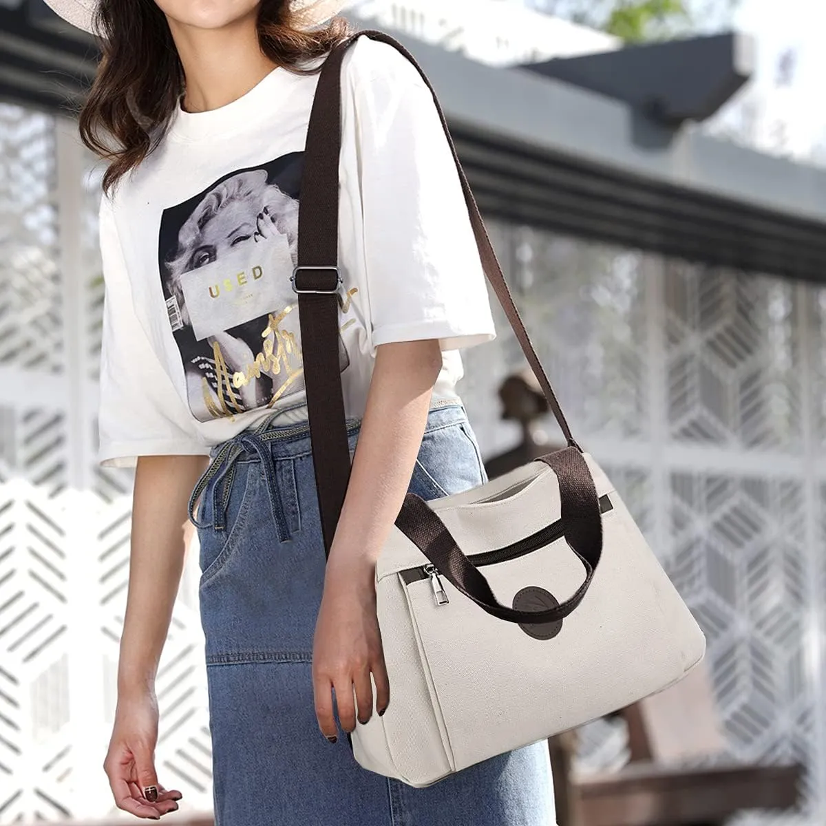 DOURR Hobo Handbags Canvas Crossbody Bags for Women, Multi Compartment Tote Purse Medium Satchel