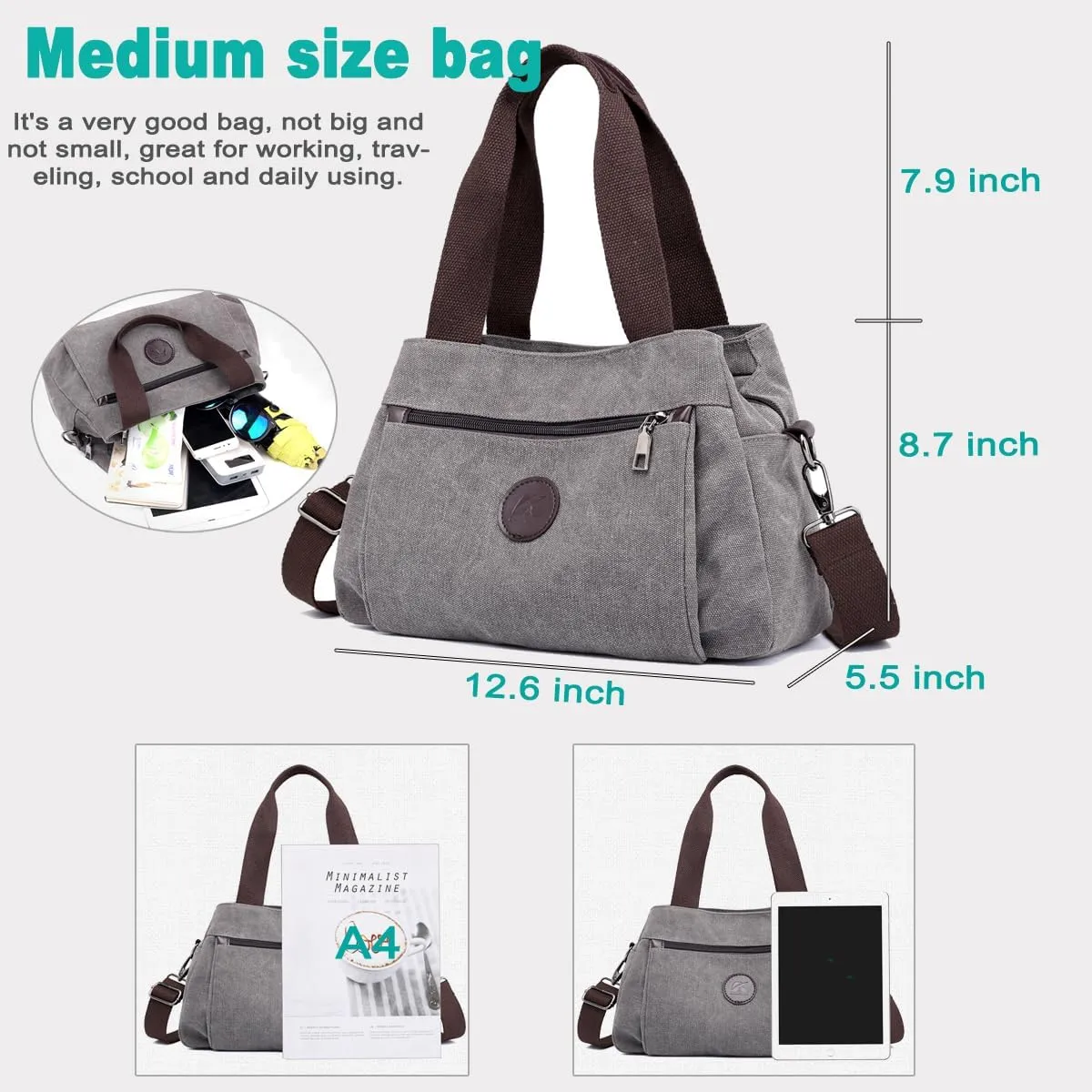 DOURR Hobo Handbags Canvas Crossbody Bags for Women, Multi Compartment Tote Purse Medium Satchel