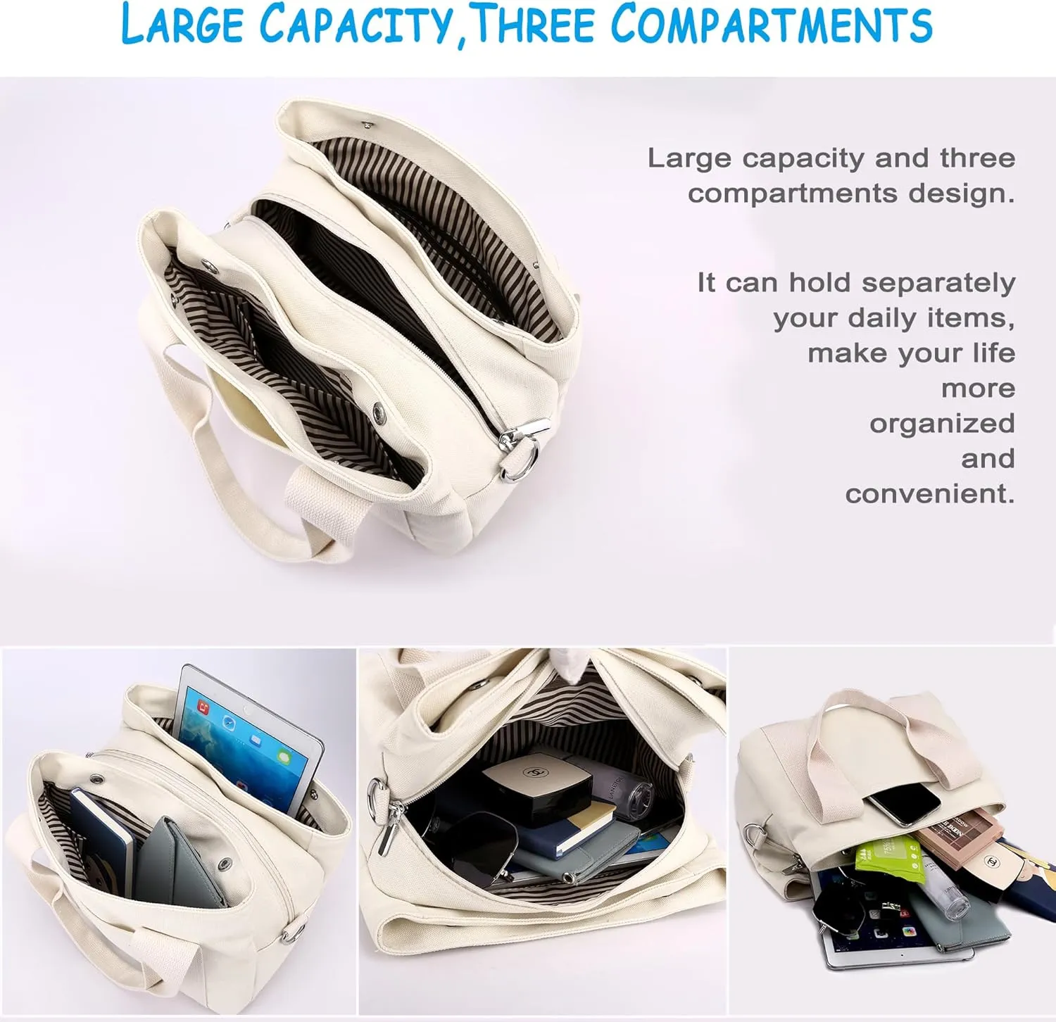 DOURR Multi Compartment Top-handle Handbags Canvas Crossbogy Bags for Women Small Totes Purse