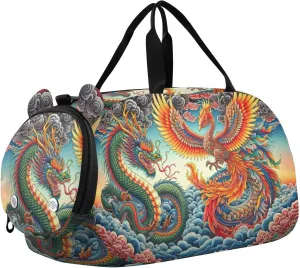 Dragon and Phoenix Duffle Bag for Girl, Sports Duffle Gym Bags with Shoe Compartment, Personalized Overnight Bag Travel Weekender for Kids