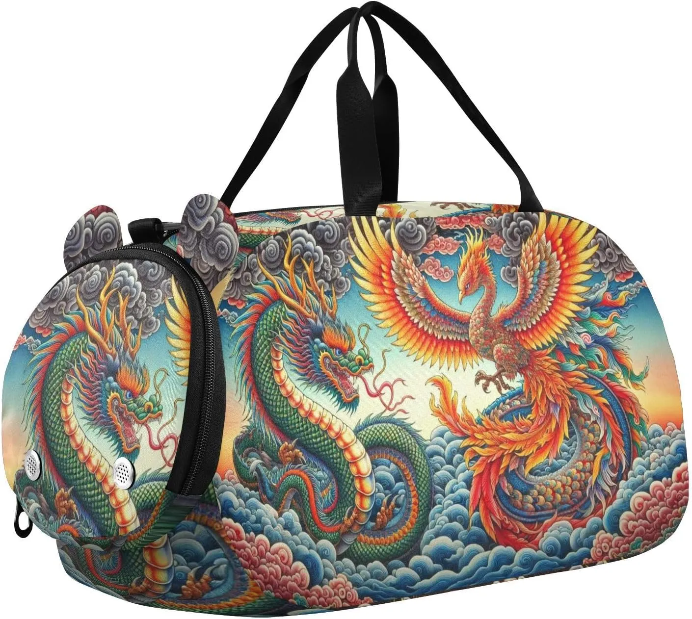 Dragon and Phoenix Duffle Bag for Girl, Sports Duffle Gym Bags with Shoe Compartment, Personalized Overnight Bag Travel Weekender for Kids
