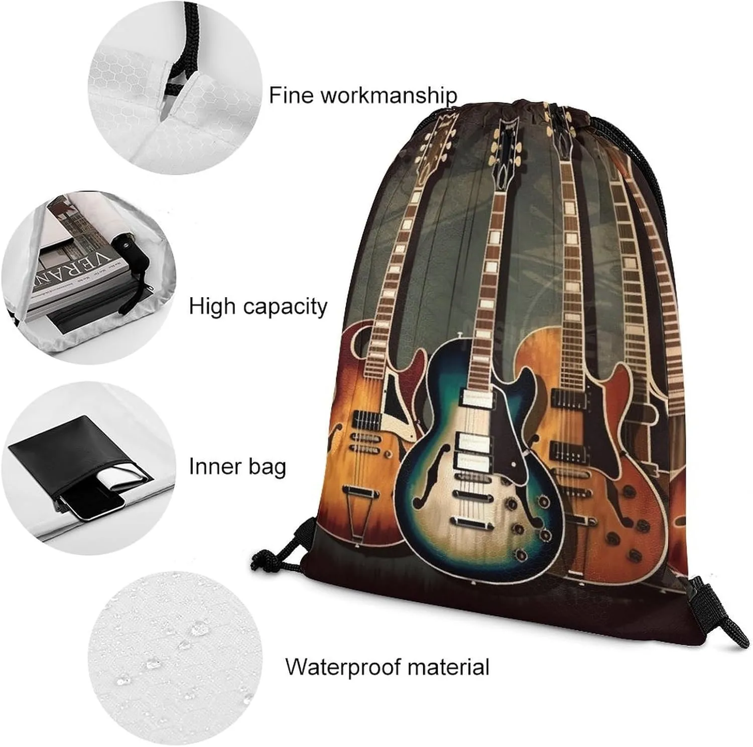 Drawstring Backpack Bulk String Bag Waterproof Drawstring Bag Guitars Art Cinch Bag Adult Gym Bag for Sport, 35*42cm