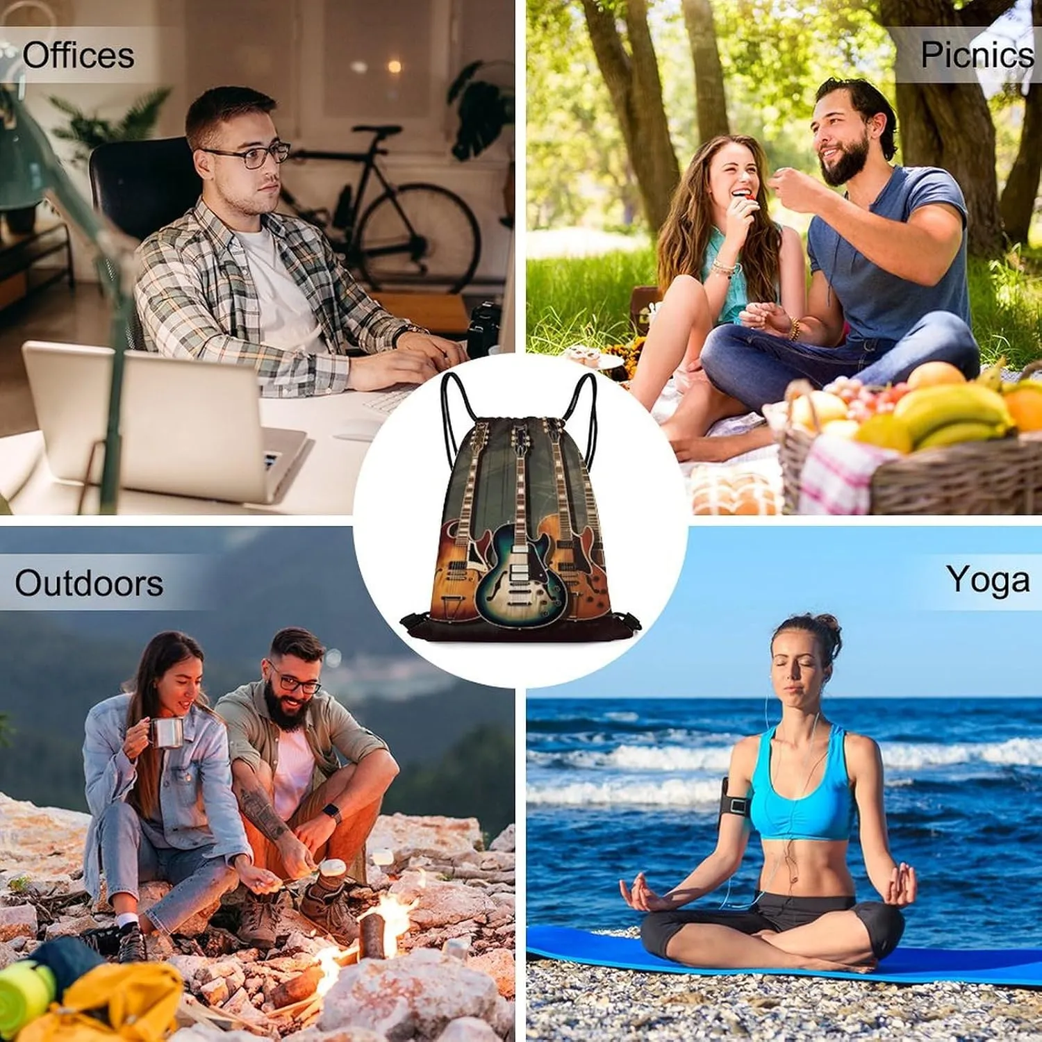 Drawstring Backpack Bulk String Bag Waterproof Drawstring Bag Guitars Art Cinch Bag Adult Gym Bag for Sport, 35*42cm