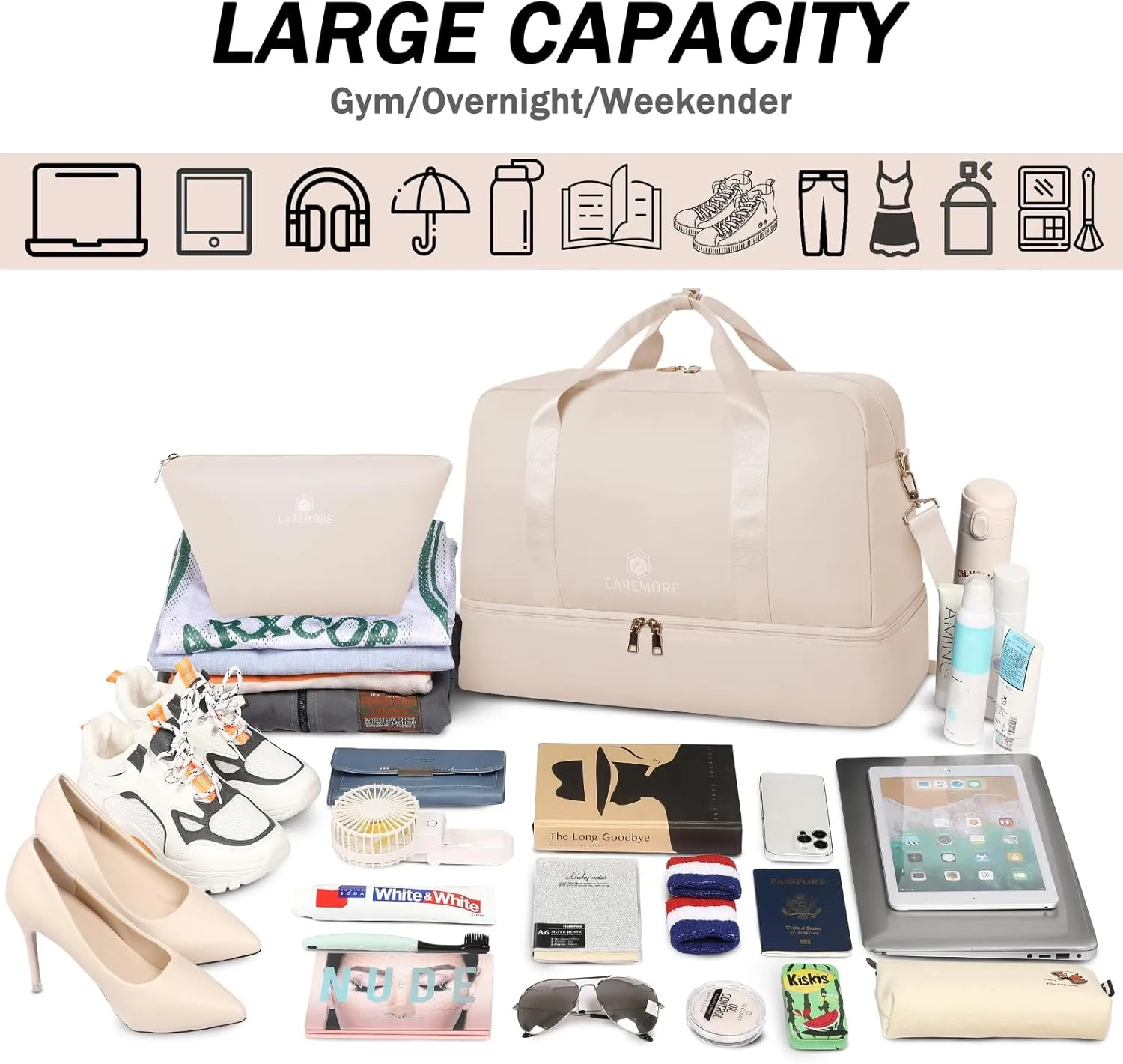 Duffle Bag Women's Travel Weekender with Shoe Compartment, Carry On Sports Tote Swim Large Overnight Gym Bag 21''(White)
