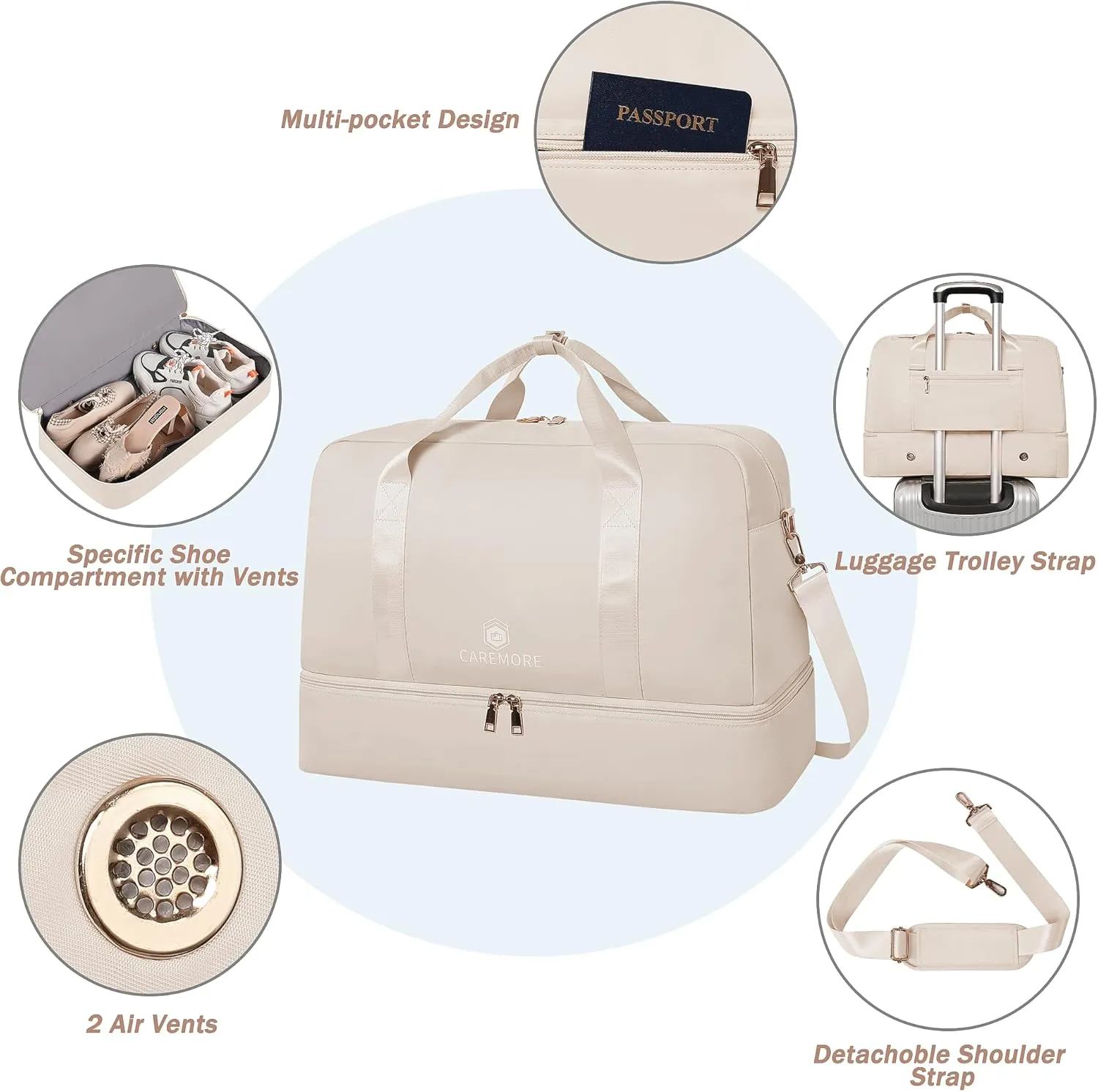 Duffle Bag Women's Travel Weekender with Shoe Compartment, Carry On Sports Tote Swim Large Overnight Gym Bag 21''(White)