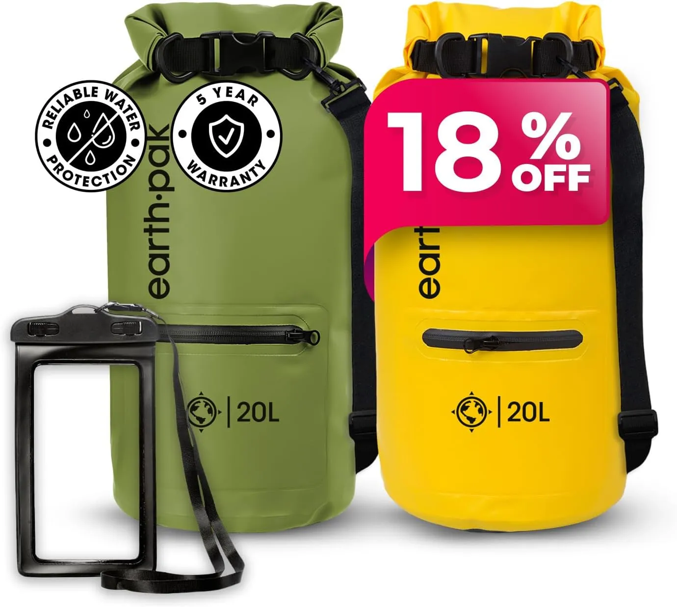 Earth Pak Waterproof Dry Bag with Zippered Pocket - Waterproof Dry Bag Backpack Keeps Gear Dry (20L Green & 20L Yellow)
