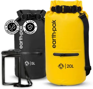 Earth Pak Waterproof Dry Bag with Zippered Pocket - Waterproof Dry Bag Backpack Keeps Gear Dry (5L Black & 20L Yellow)