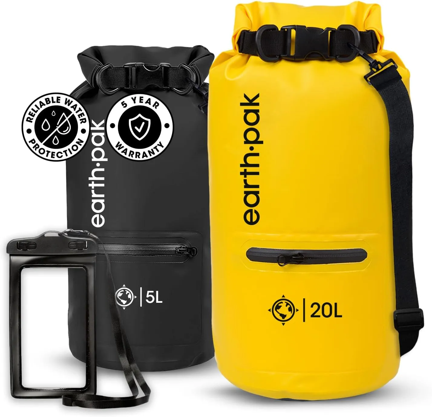 Earth Pak Waterproof Dry Bag with Zippered Pocket - Waterproof Dry Bag Backpack Keeps Gear Dry (5L Black & 20L Yellow)