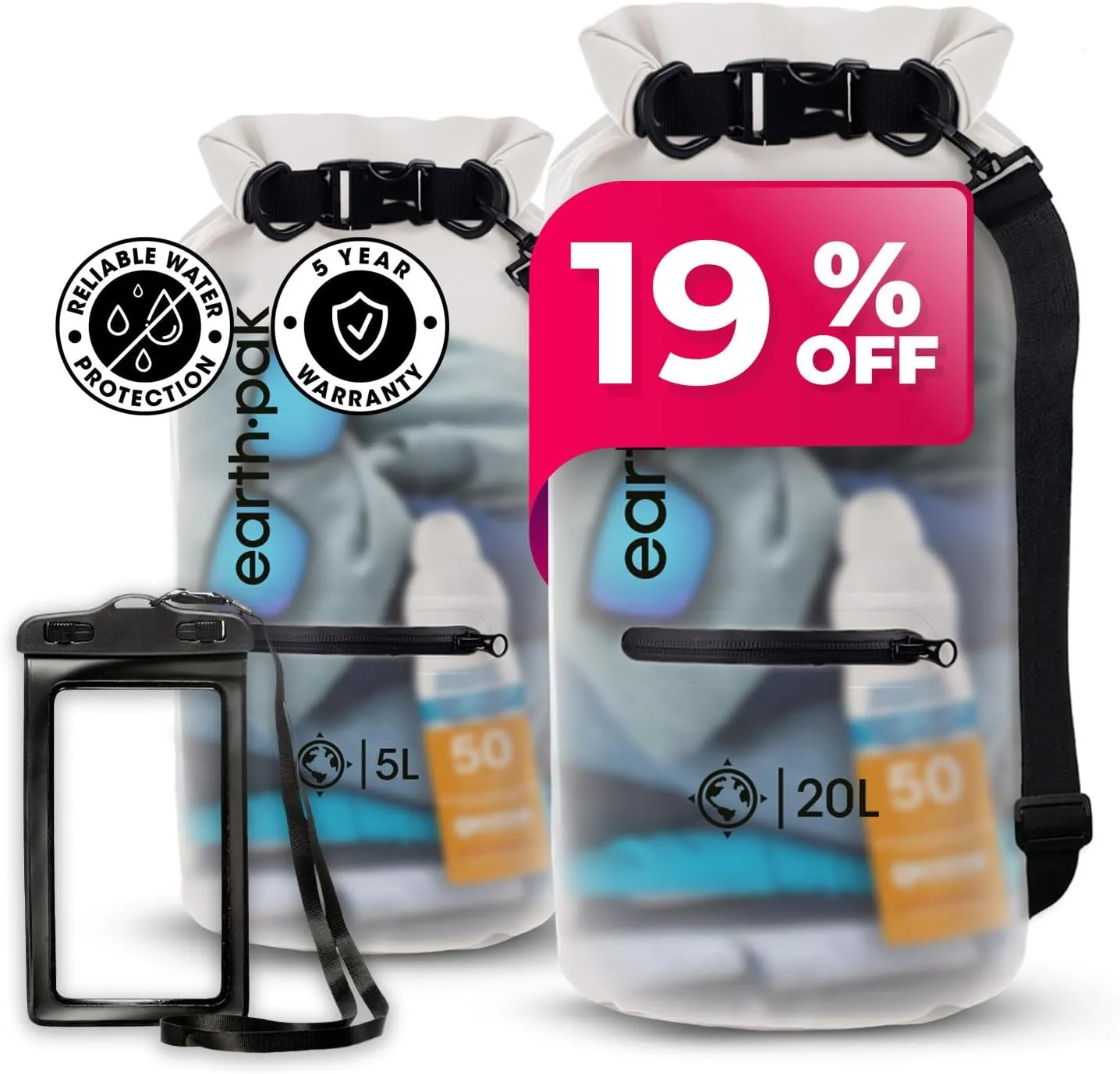 Earth Pak Waterproof Dry Bag with Zippered Pocket - Waterproof Dry Bag Backpack Keeps Gear Dry (5L Clear & 20L Clear)