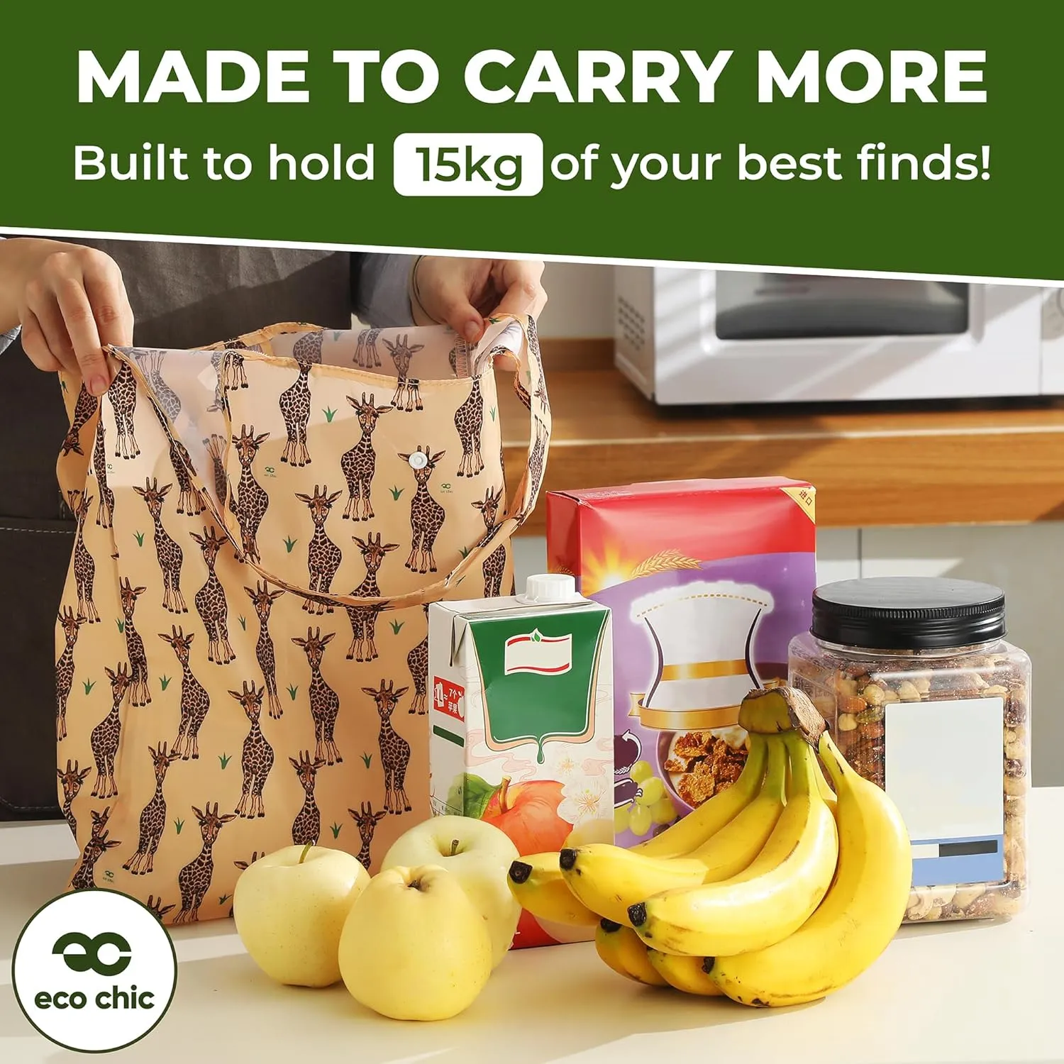 ECO CHIC Foldable Reusable Grocery Bags - Lightweight, Recycled & Reusable Shopping Bag - Waterproof Packable Tote