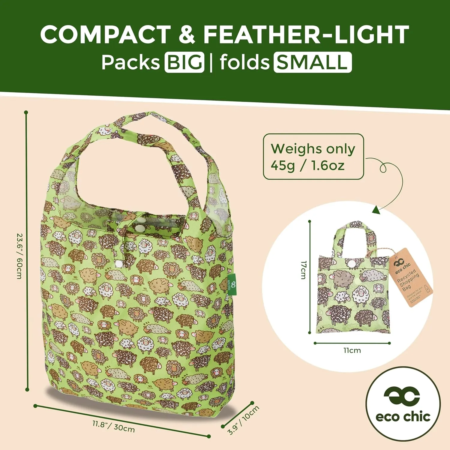 ECO CHIC Foldable Reusable Grocery Bags - Lightweight, Recycled & Reusable Shopping Bag - Waterproof Packable Tote