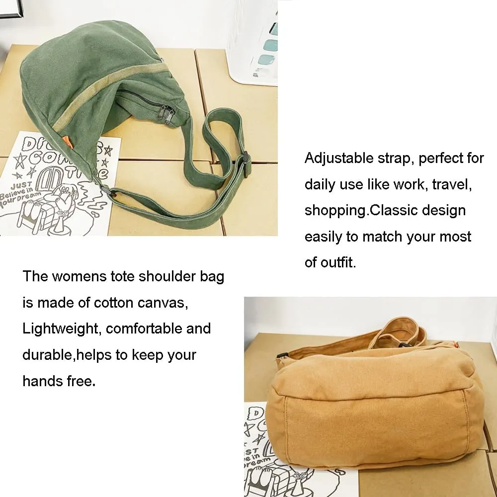 Economical Cotton Canvas Tote Bag,Women Hobo Shoulder Bag Crossbody Handbag with 3 External Pocket,Zipper Closure