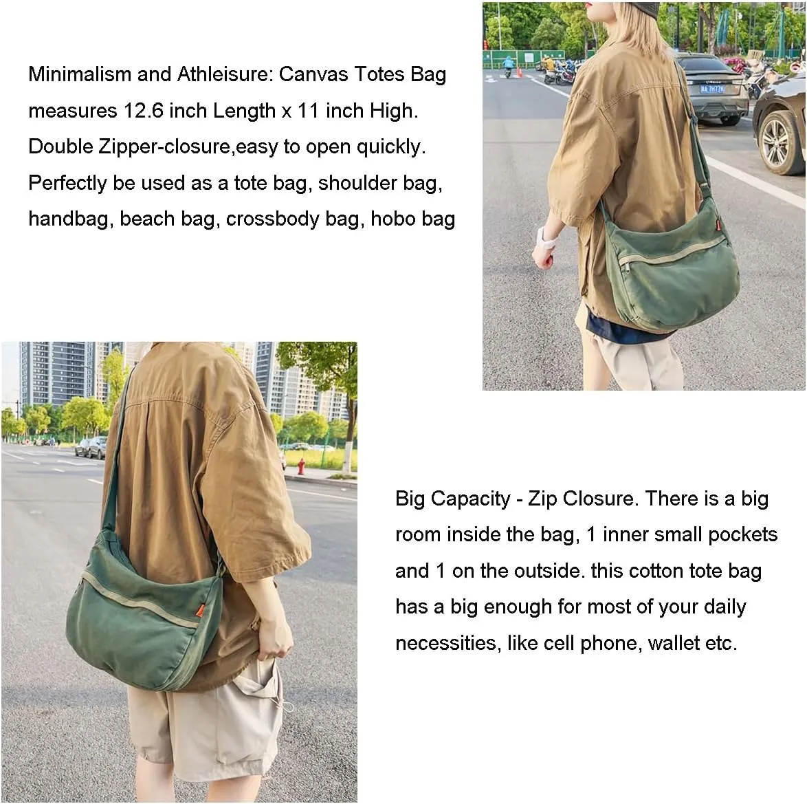 Economical Cotton Canvas Tote Bag,Women Hobo Shoulder Bag Crossbody Handbag with 3 External Pocket,Zipper Closure