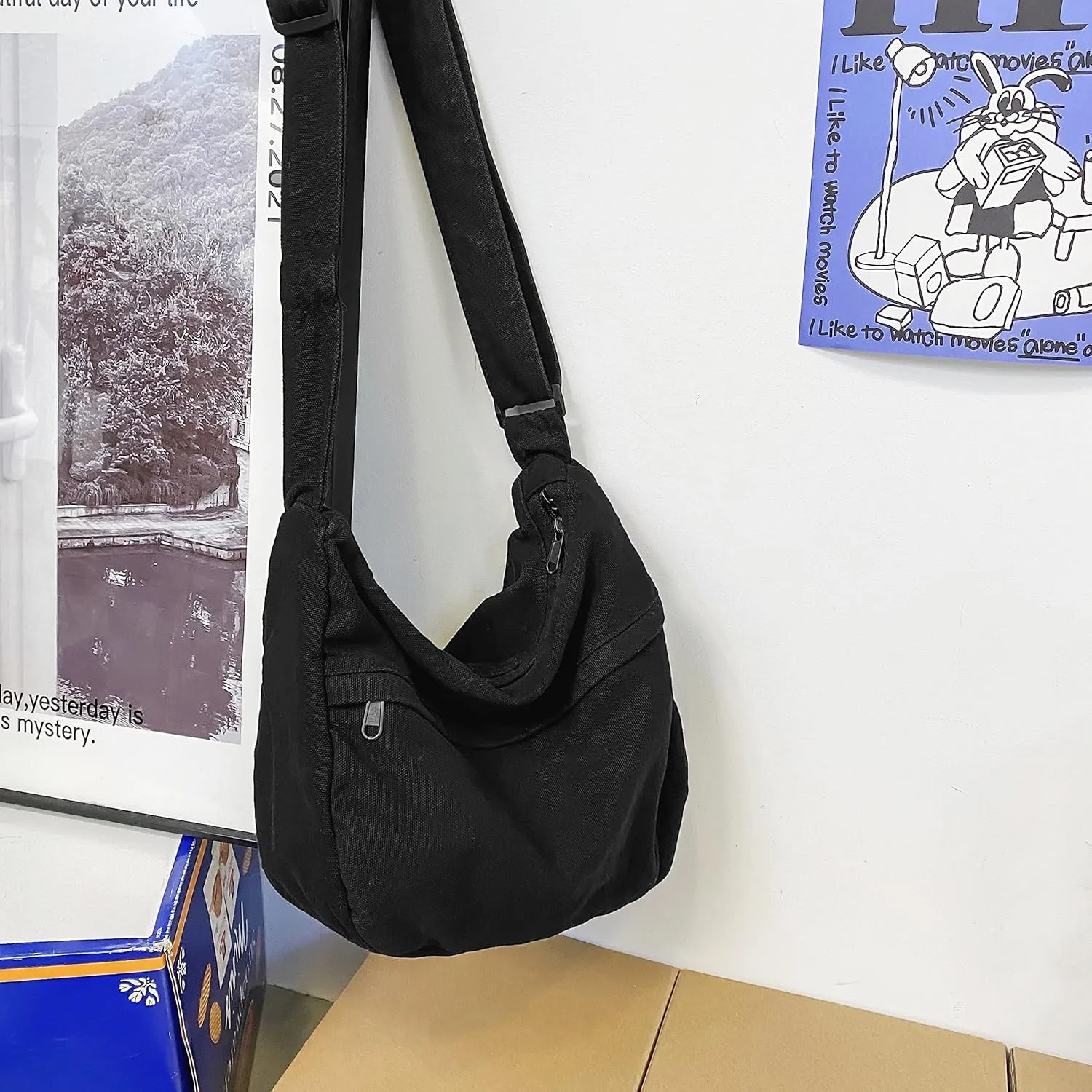 Economical Cotton Canvas Tote Bag,Women Hobo Shoulder Bag Crossbody Handbag with 3 External Pocket,Zipper Closure