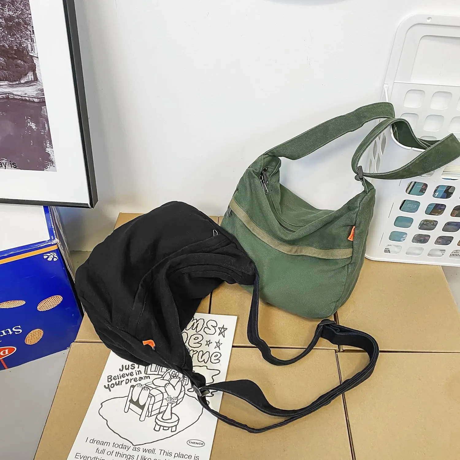 Economical Cotton Canvas Tote Bag,Women Hobo Shoulder Bag Crossbody Handbag with 3 External Pocket,Zipper Closure