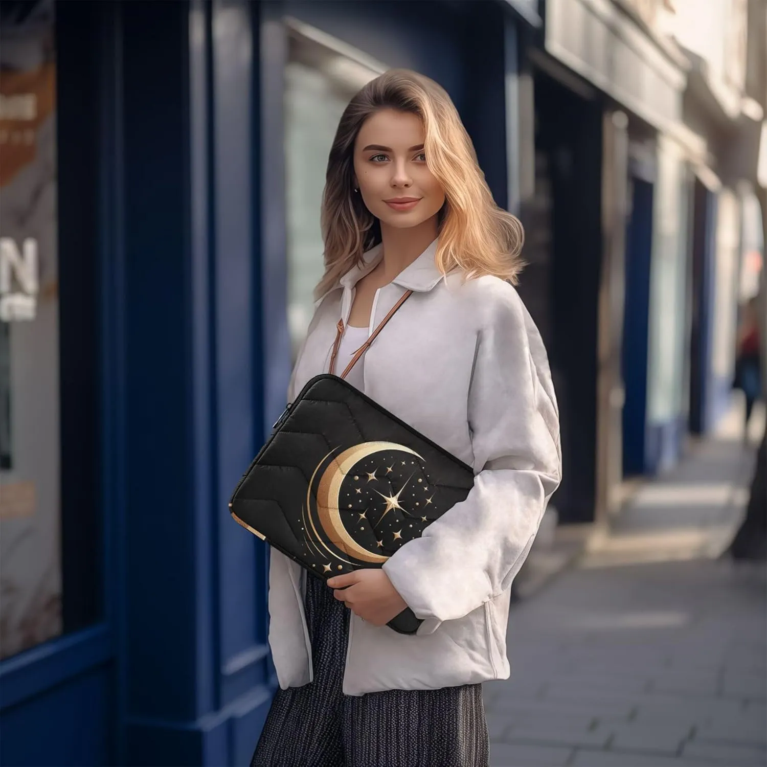 Elegant Star Crescent Black Laptop Bag Women 13-13.3 Inch, Comprehensive Protection, Womens Computer Bag