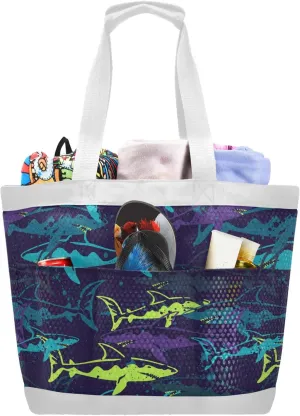 Emelivor Sharks Beach Bag for Women with Multiple Pockets Lightweight Mesh Beach Tote Bags for Vacation Swim Family Travel Pool Kids