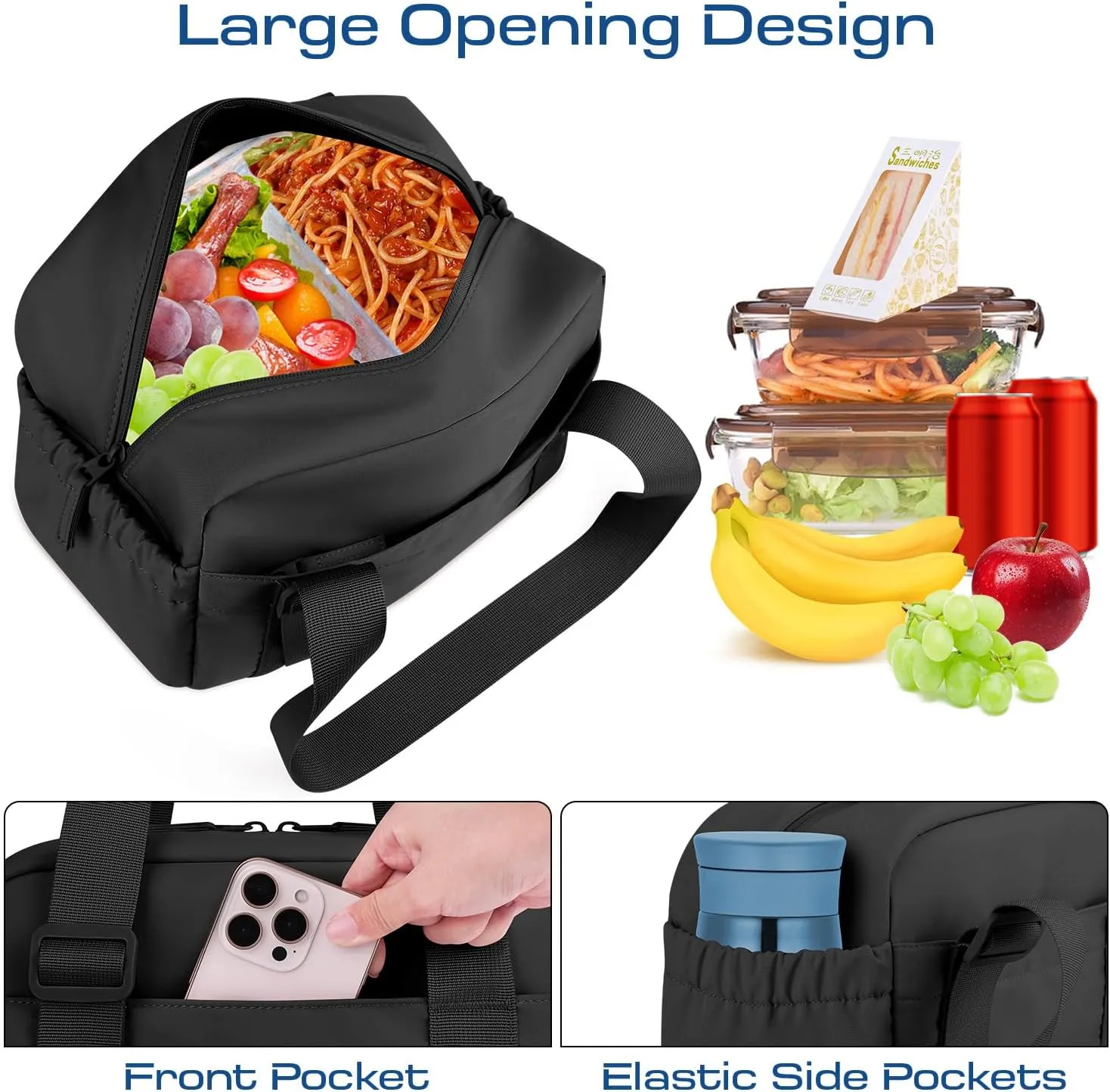 ETRONIK Lunch Box for Women Men, Cute Insulated Lunch Bag Women, Leakproof Lunch Tote Cooler Bag with Large Capacity, Reusable Womens Lunch Bags for Work/Travel/School/Office/Picnic, Black