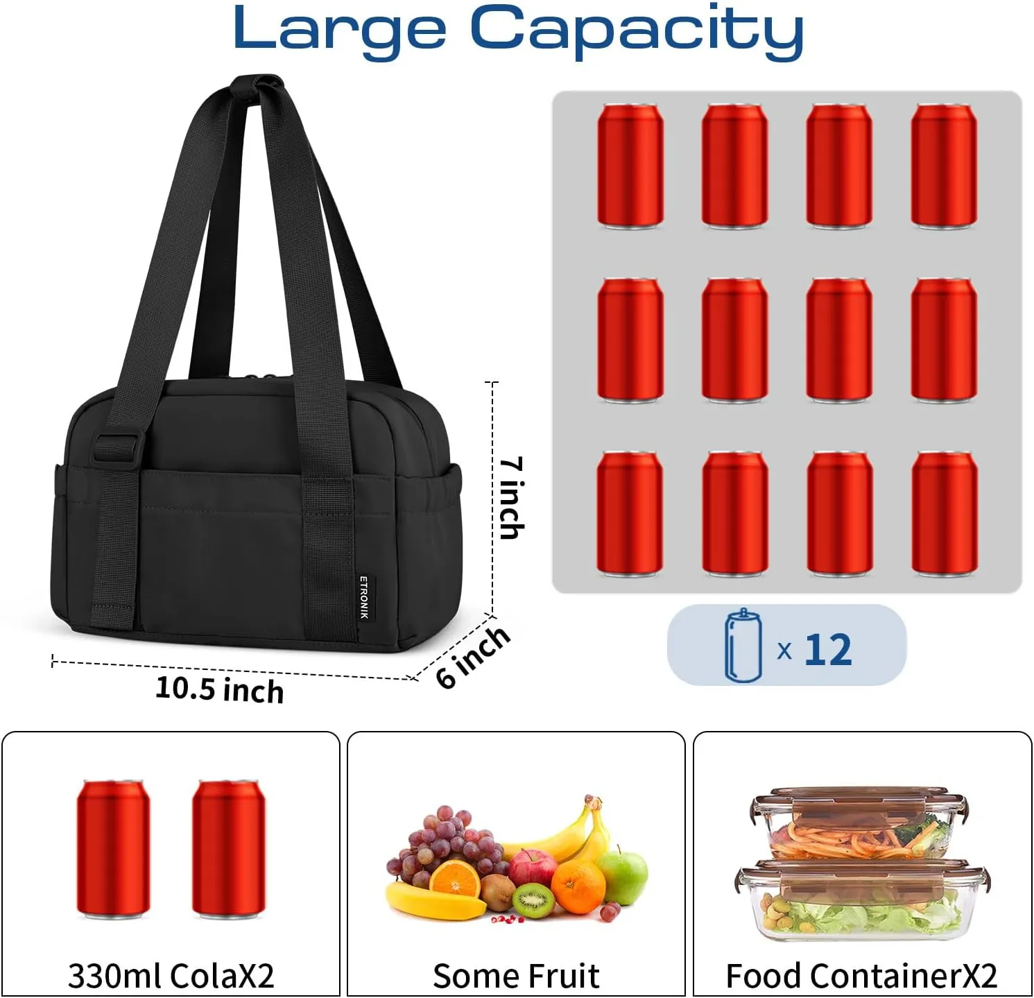 ETRONIK Lunch Box for Women Men, Cute Insulated Lunch Bag Women, Leakproof Lunch Tote Cooler Bag with Large Capacity, Reusable Womens Lunch Bags for Work/Travel/School/Office/Picnic, Black