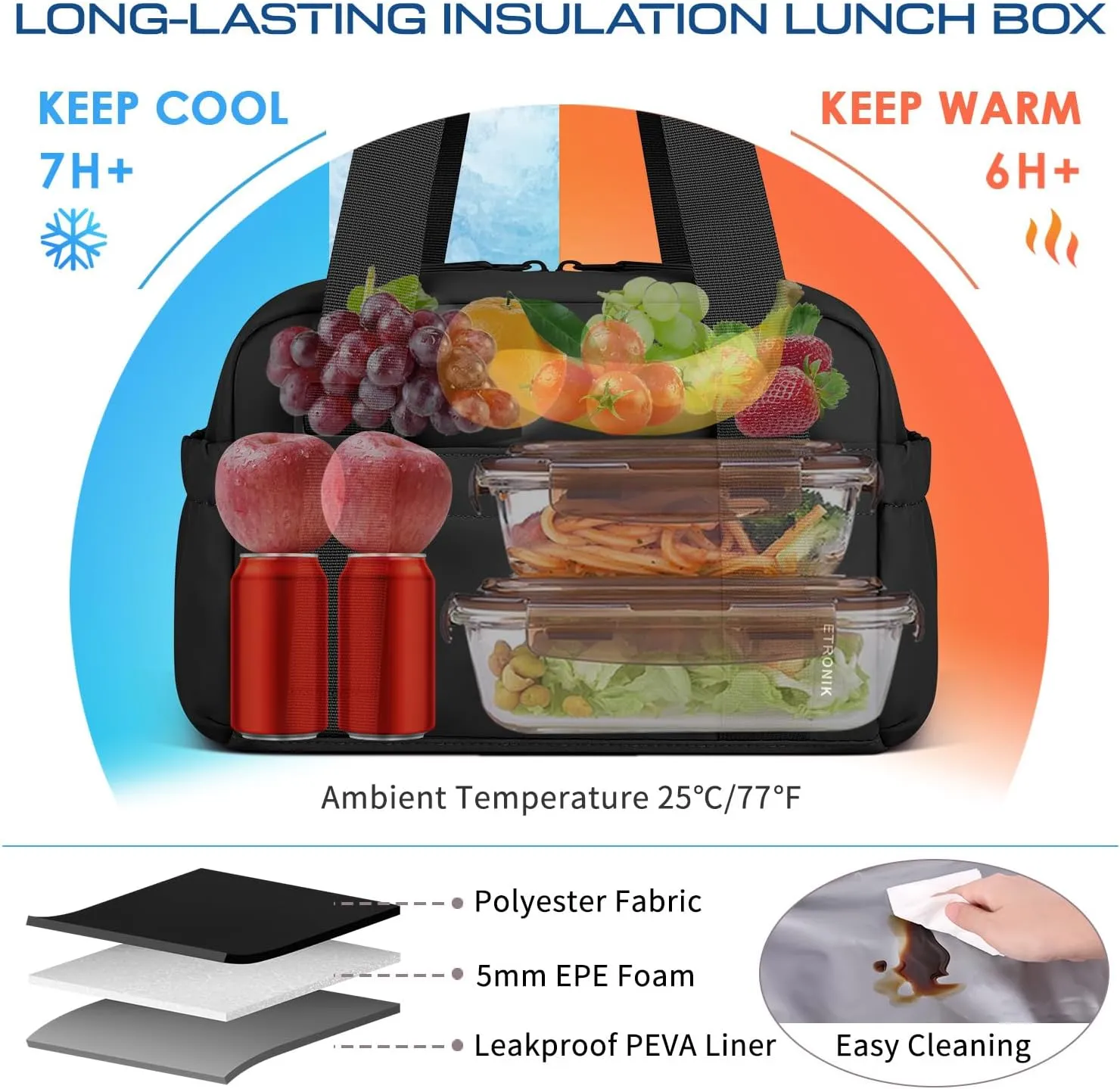 ETRONIK Lunch Box for Women Men, Cute Insulated Lunch Bag Women, Leakproof Lunch Tote Cooler Bag with Large Capacity, Reusable Womens Lunch Bags for Work/Travel/School/Office/Picnic, Black