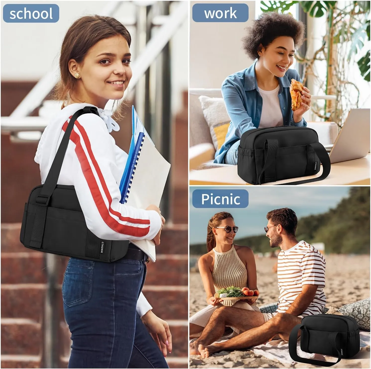 ETRONIK Lunch Box for Women Men, Cute Insulated Lunch Bag Women, Leakproof Lunch Tote Cooler Bag with Large Capacity, Reusable Womens Lunch Bags for Work/Travel/School/Office/Picnic, Black