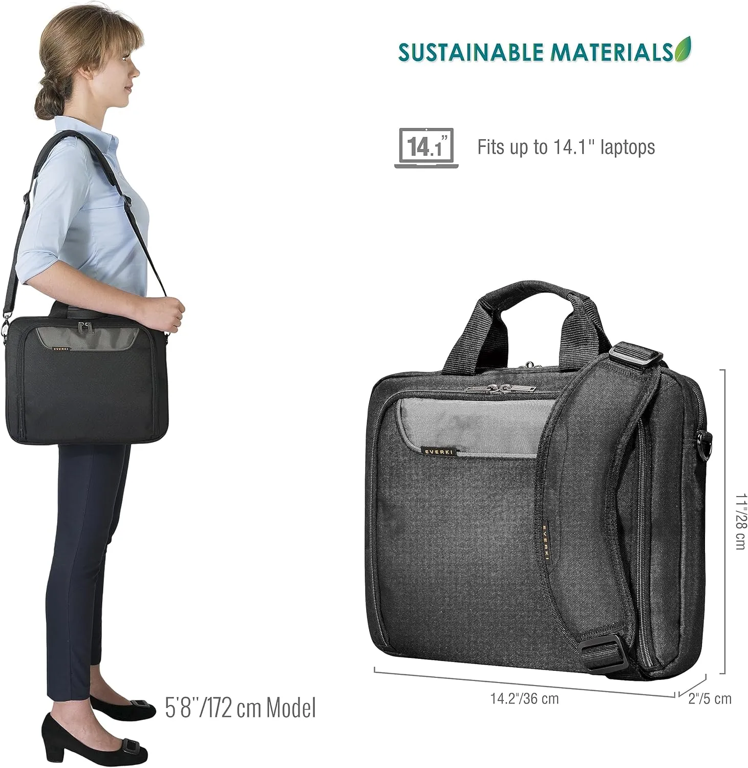 Everki Laptop Briefcase - Travel & Eco-Friendly Computer Bag, 14.1 Inch Laptop Briefcases for Men & Women, Professional Messenger Lap top Shoulder Bag, Ideal for Work Carrying Case for Lap Top, Black