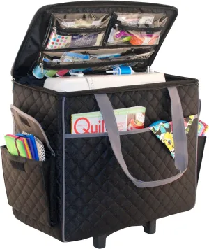 Everything Mary Sewing Machine Rolling Carrying Case, Black Quilted - Trolley Bag with Wheels For Brother, Bernina, Singer & Most Machines - Wheeled Tote Carrier for Notions & Crafts
