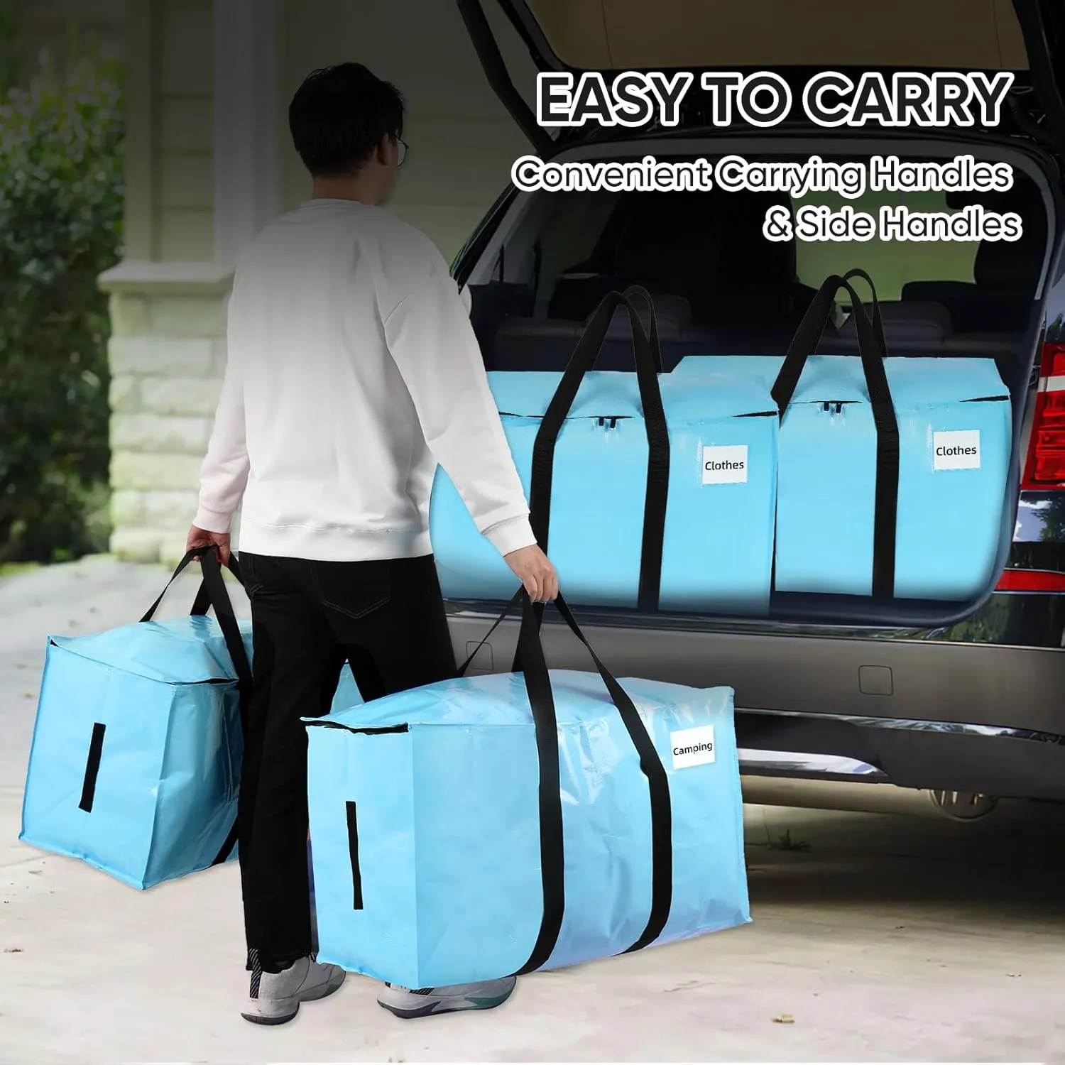 Extra Large Moving Bags Blue, Moving Bags Heavy Duty with Zippers & Handles, 180GSM Thick Material Reusable Storage Totes for Space Saving Waterproof Large Totes for Packaging 2 Pack
