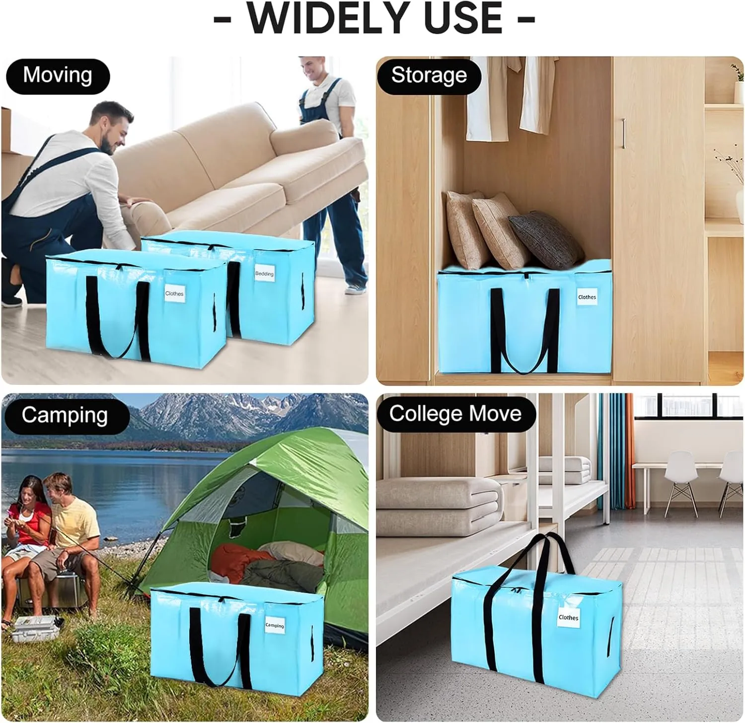 Extra Large Moving Bags Blue, Moving Bags Heavy Duty with Zippers & Handles, 180GSM Thick Material Reusable Storage Totes for Space Saving Waterproof Large Totes for Packaging 2 Pack