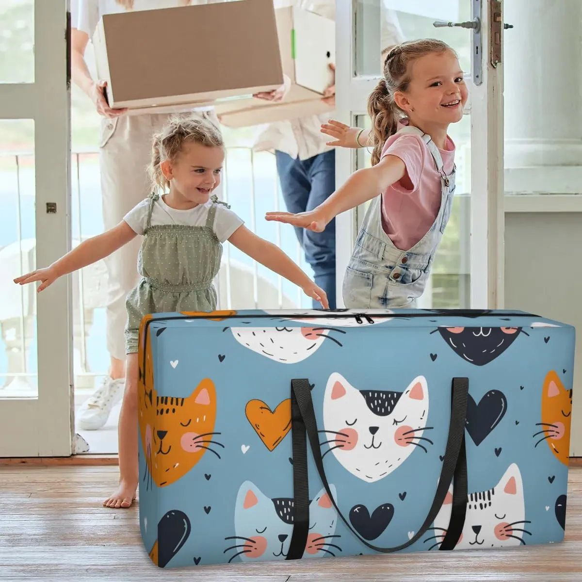 Extra Large Moving Bags Cats Love Hearts Storage Bags with Handles and Zippers Large Packing Bags for Space Saving Storage Totes Moving Supplies